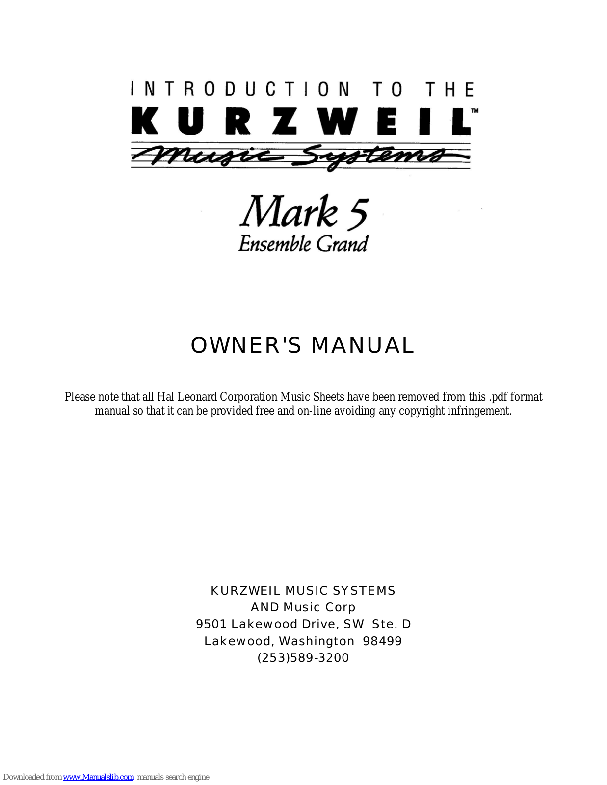 Kurzweil ENSEMBLE GRANDE MARK 5, Mark 5 Ensemble Grand Owner's Manual