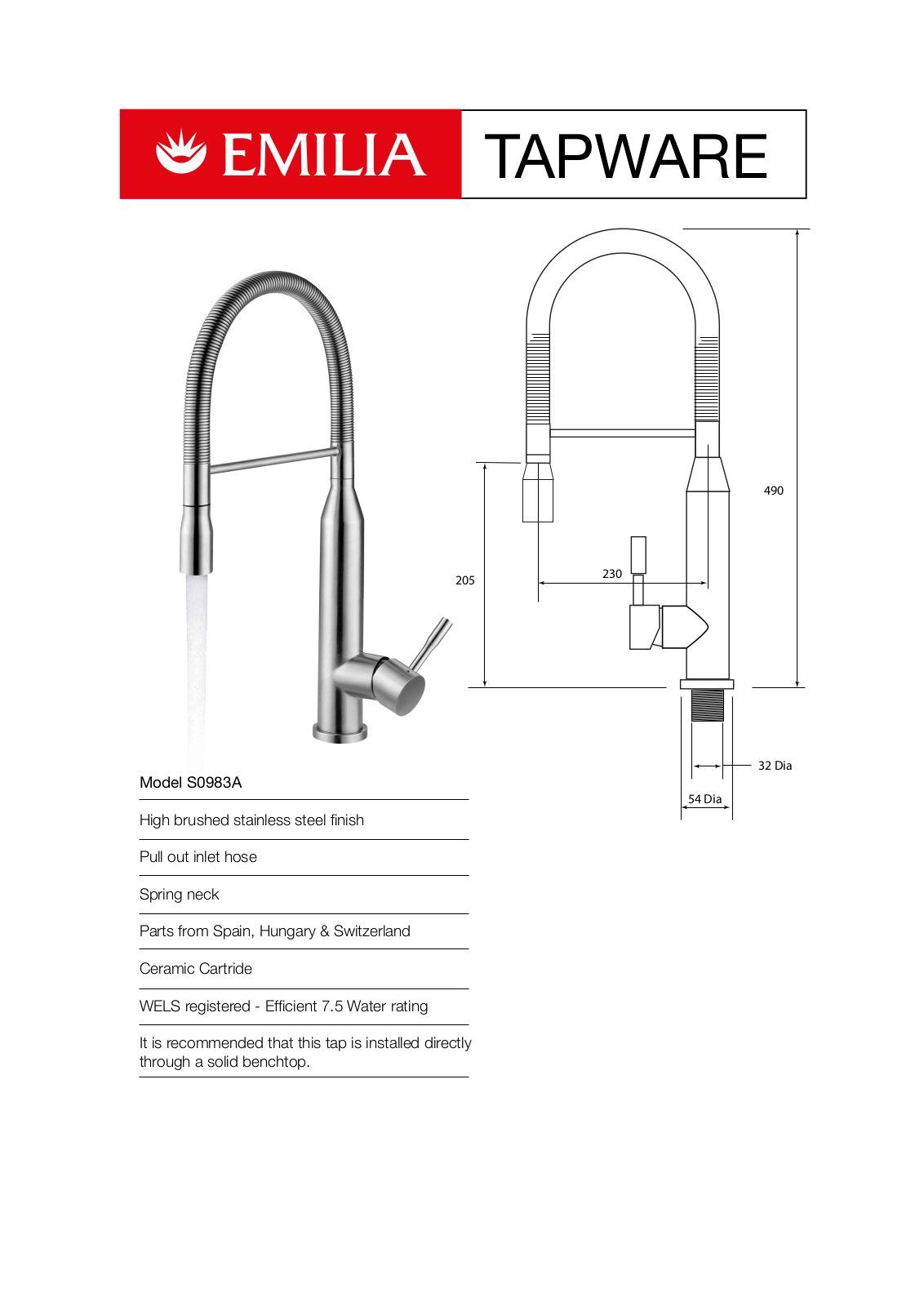 Emilia S0983A Specifications Sheet - ManualMachine.com