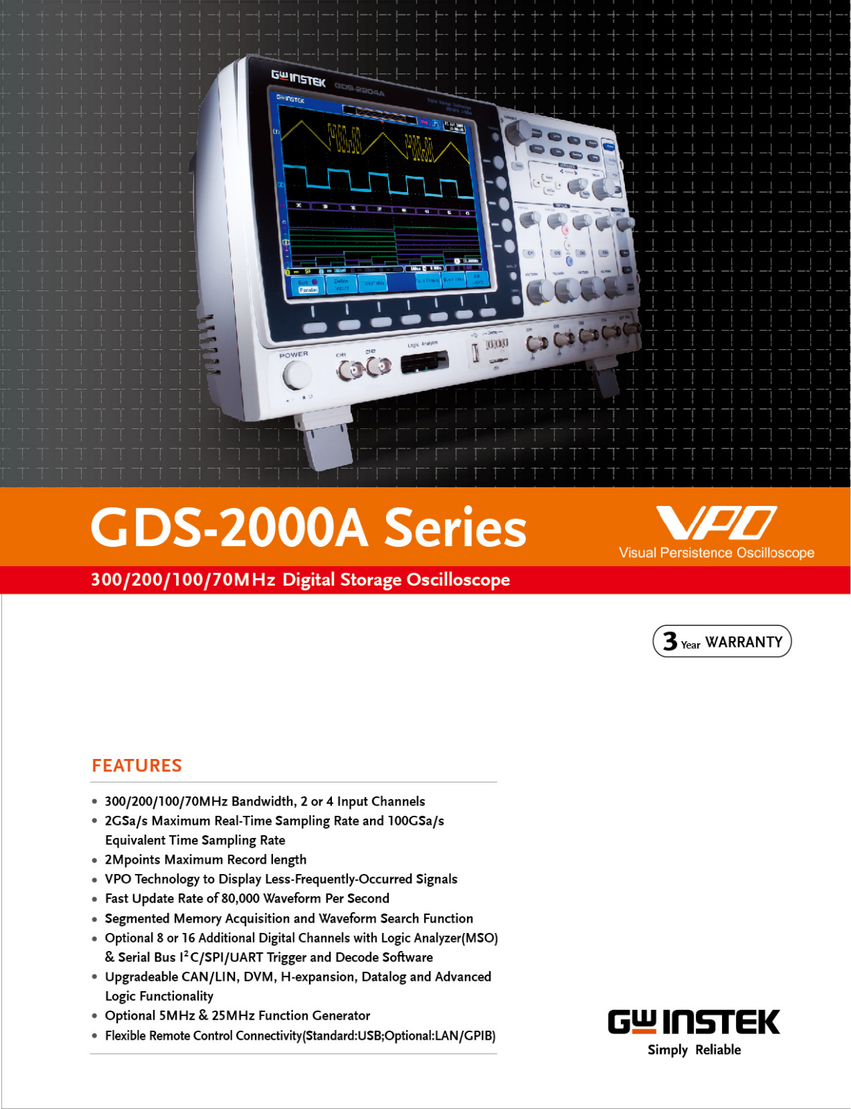 GW Instek GDS-2102A, GDS-2074A, GDS-2072A, GDS-2204A, GDS-2302A Data Sheet