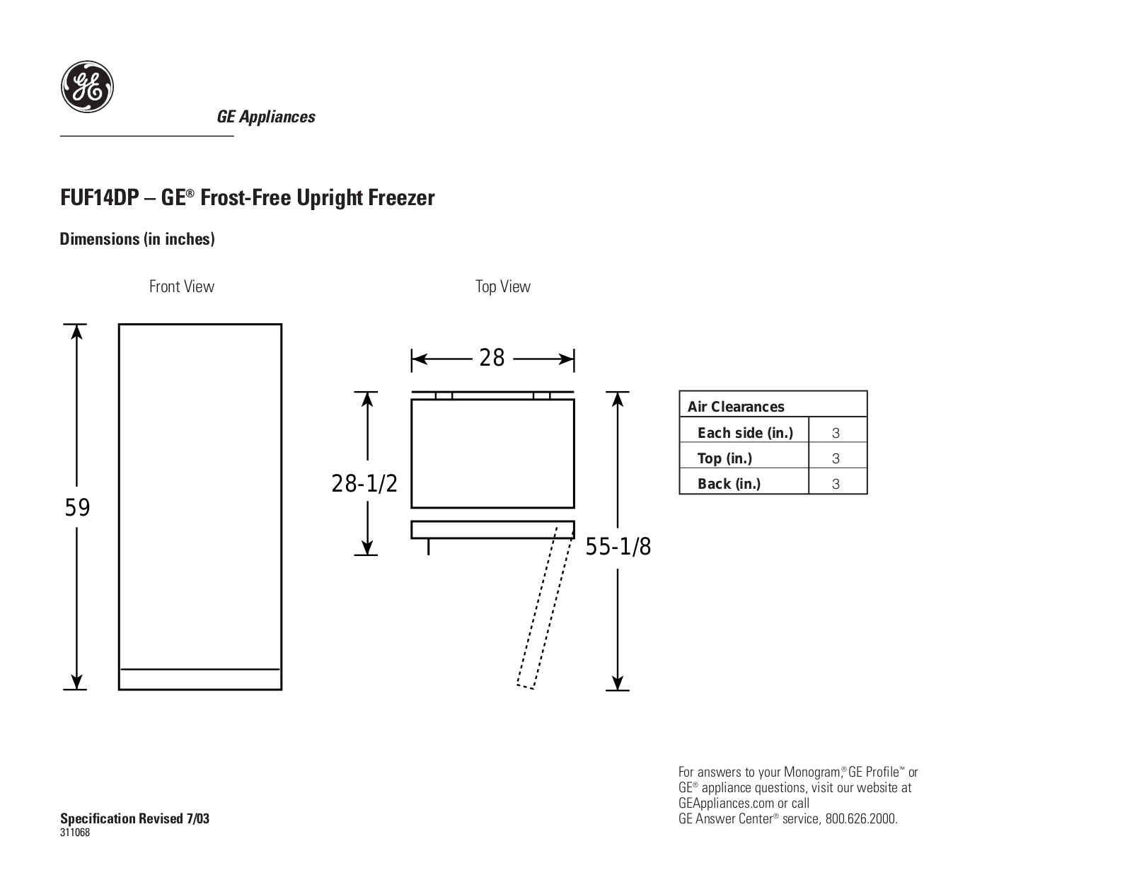 GE FUF14DP Specification