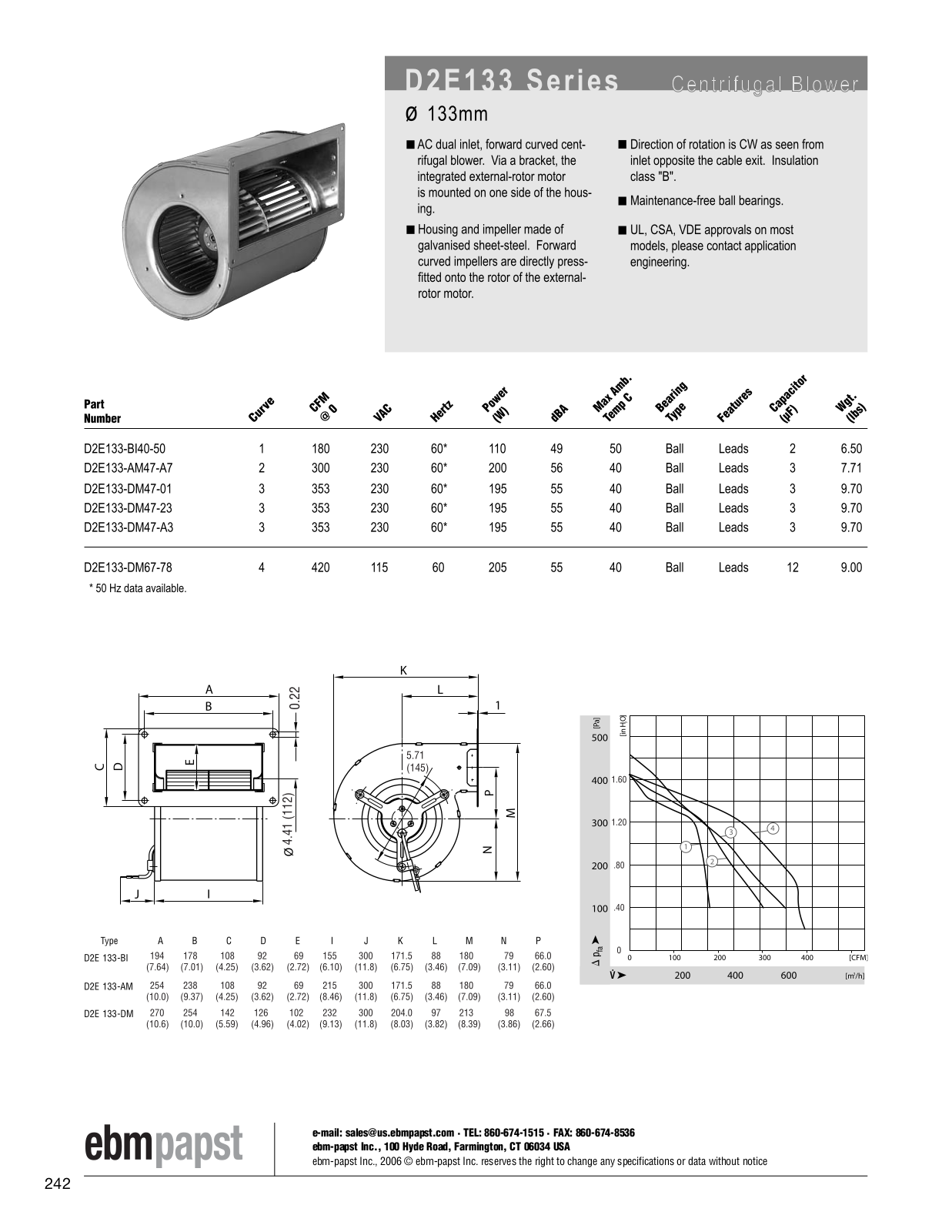 ebm-papst Centrifugal Blower Series D2E133 Catalog Page