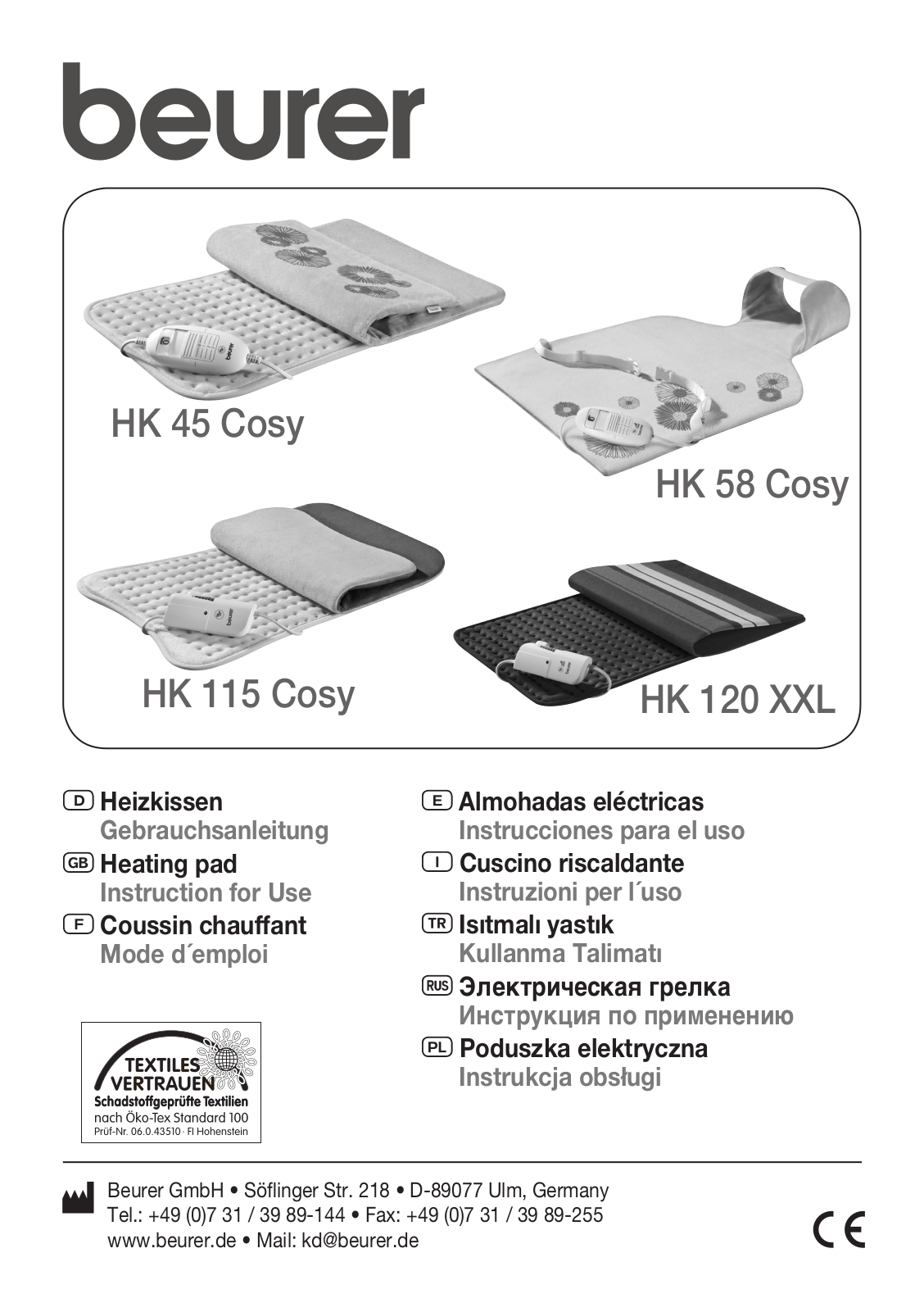 Beurer HK 45 Cosy, HK 115 Cosy, HK 120 XXL, HK 58 Cosy User guide