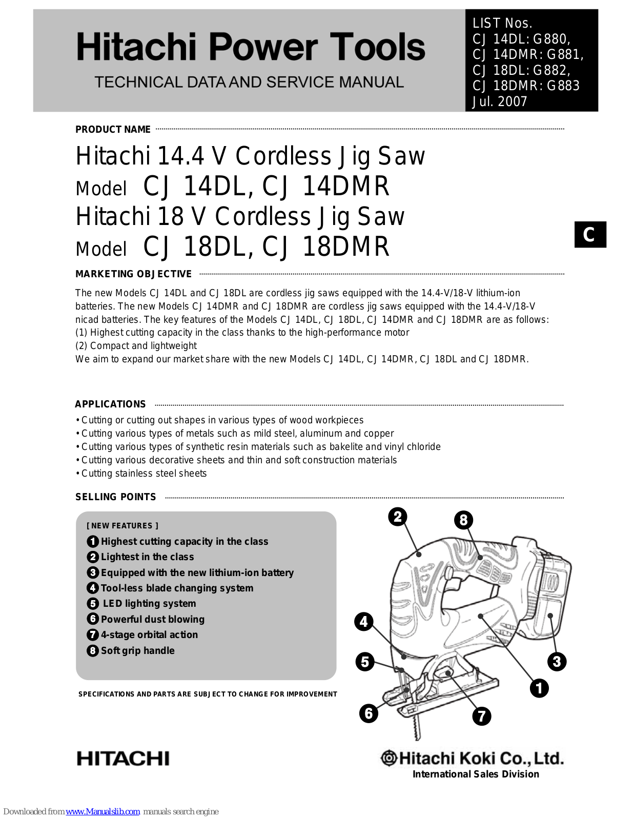 Hitachi CJ 14DL, CJ 14DMR, CJ 18DMR, CJ 18DL Technical Data And Service Manual