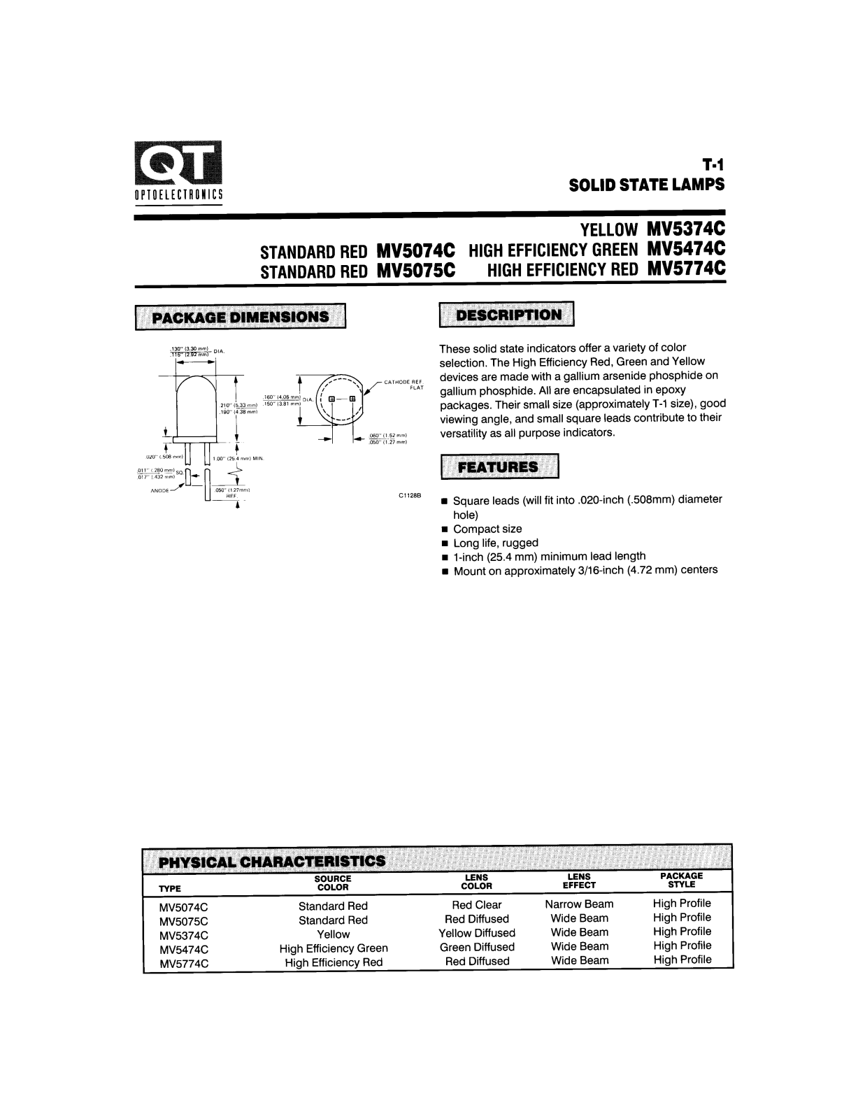 QT MV5374C, MV5774C, MV5474C, MV5075C, MV5074C Datasheet