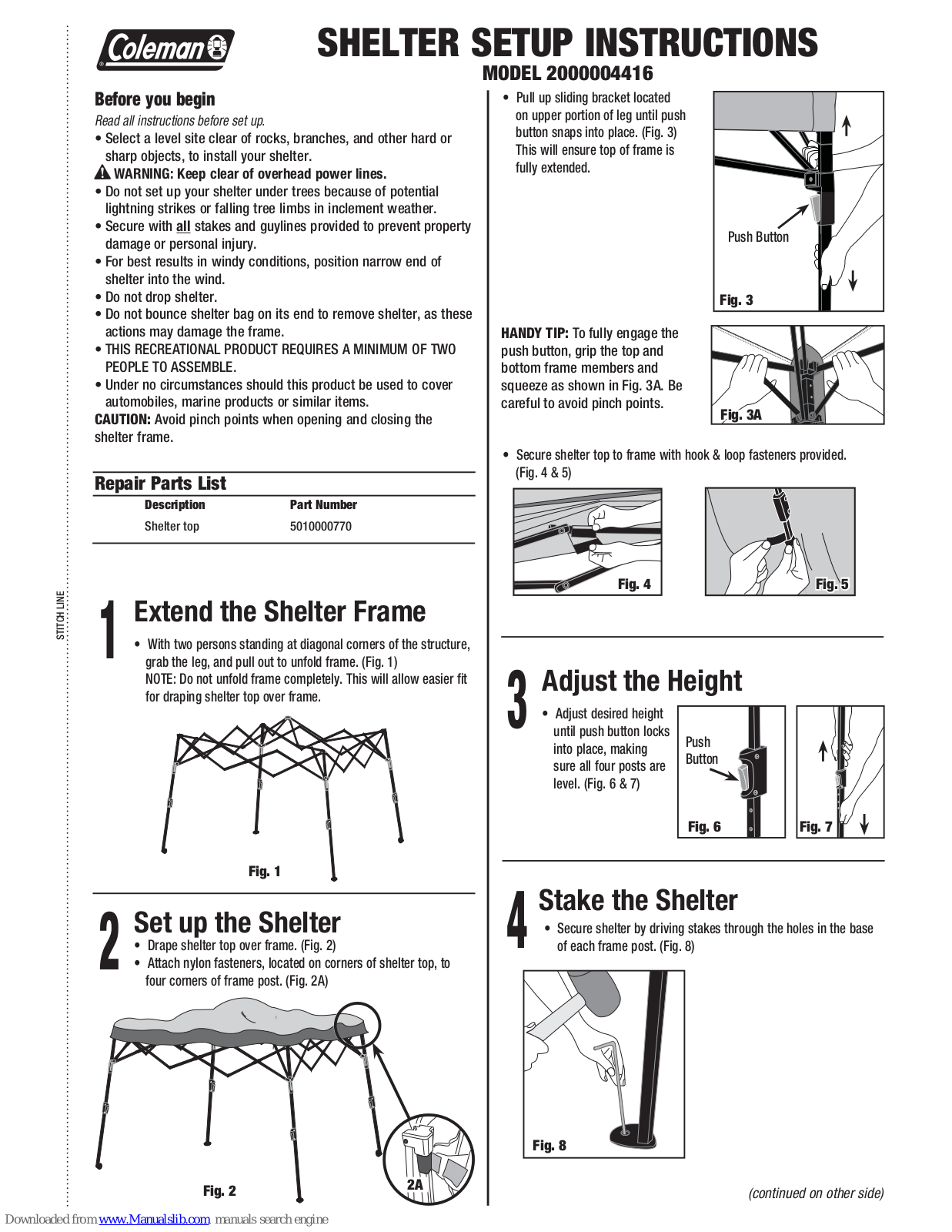 Coleman STITCHLINE 2000004416, SHELTER Instructions Manual