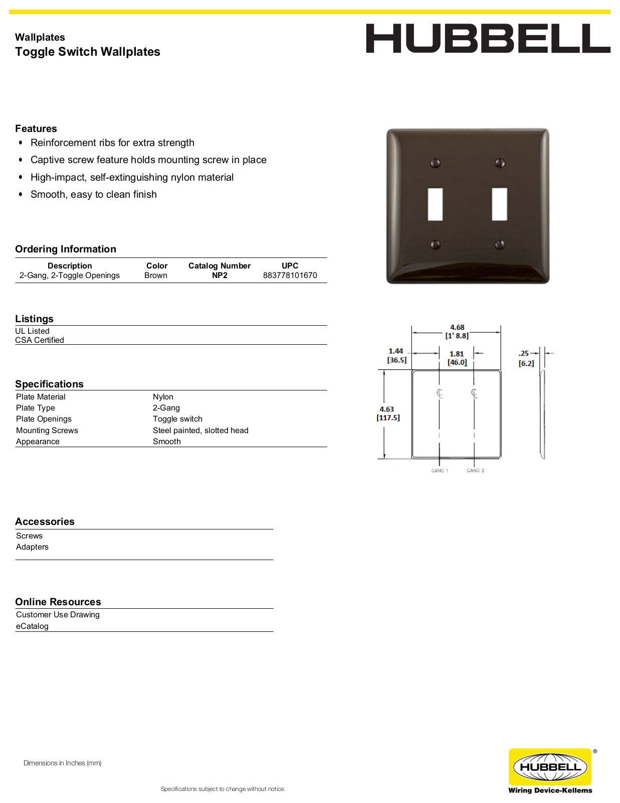 Hubbell NP2 Specifications