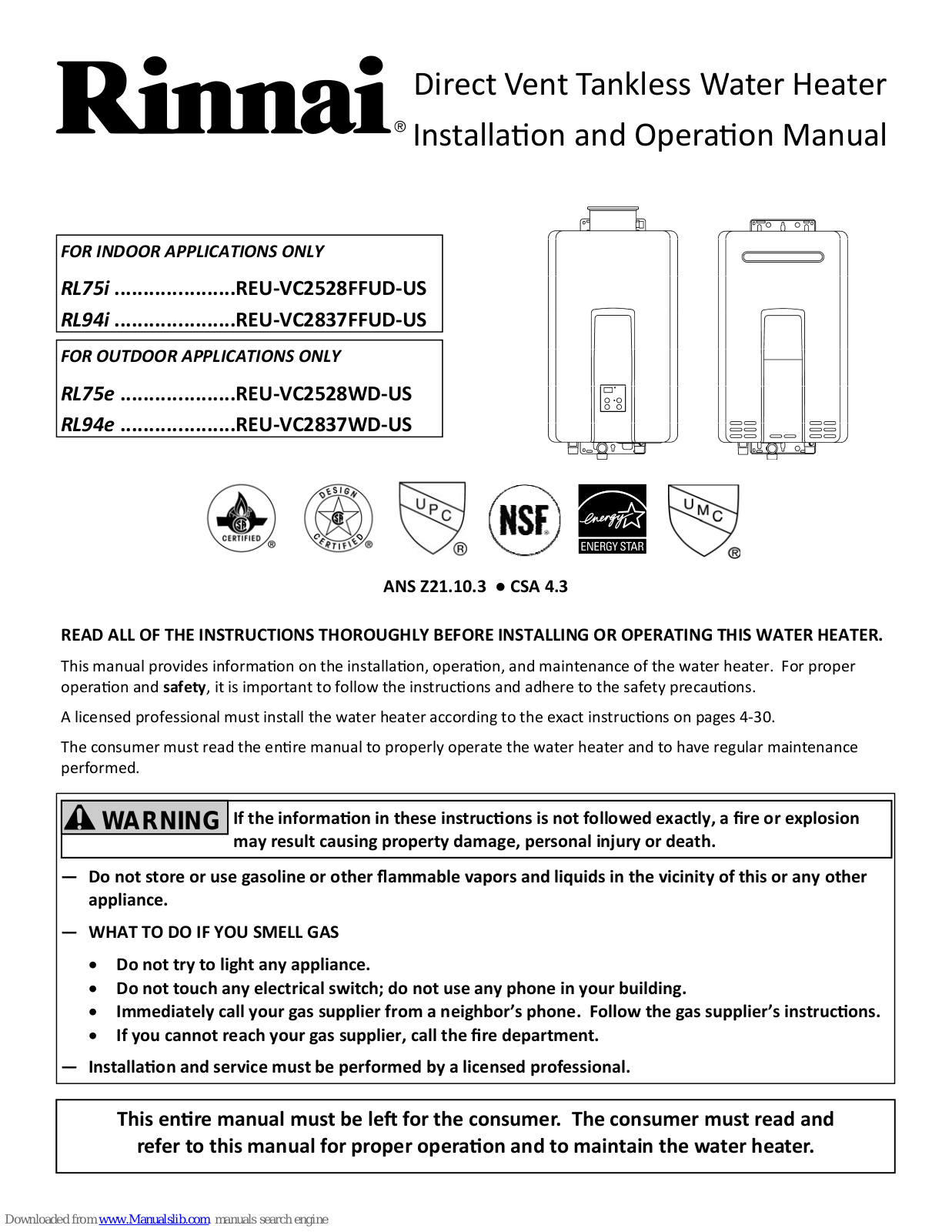 Rinnai REU‐VC2837FFUD‐US, REU‐VC2528WD‐US, REU‐VC2837WD‐US Installation And Operation Manual