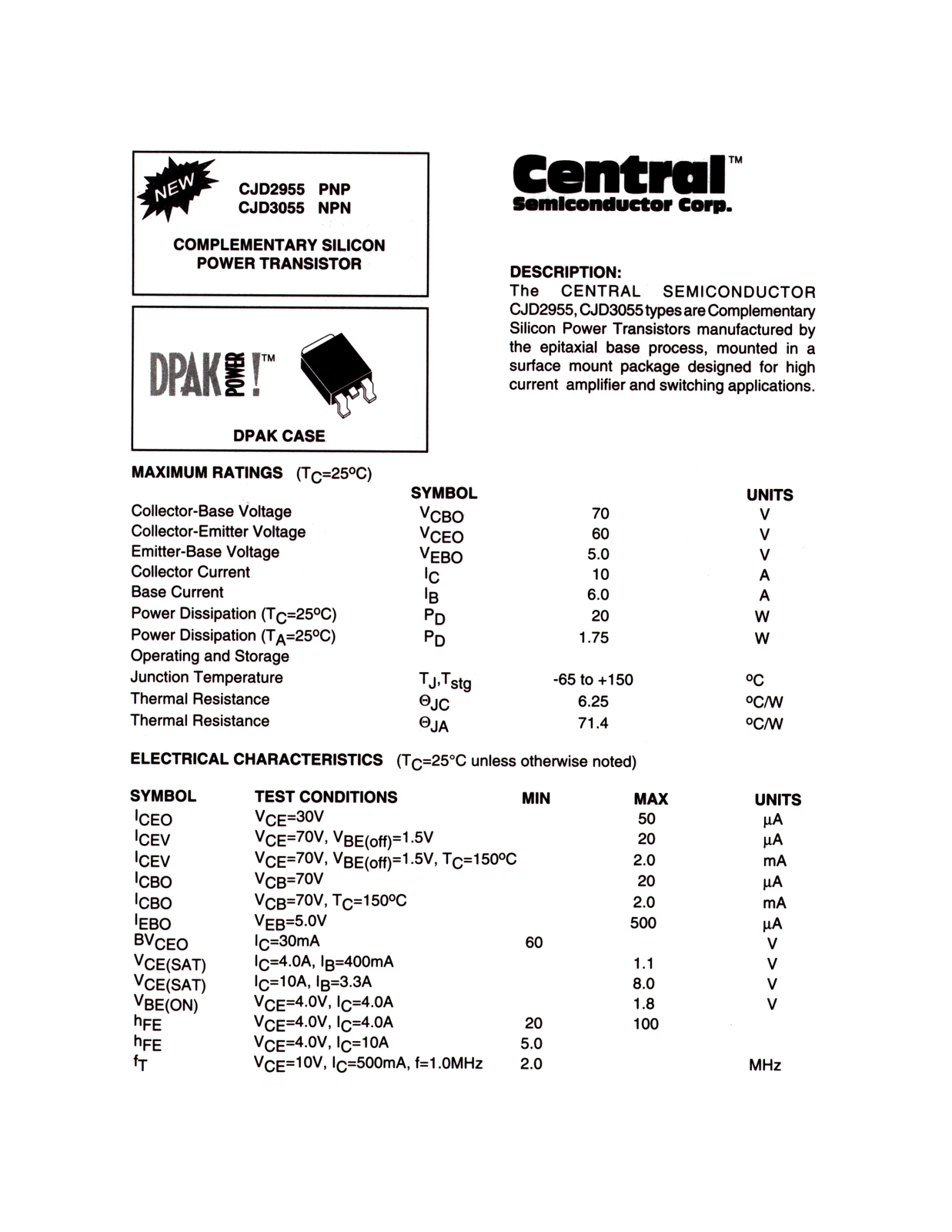 CENTR CJD3055, CJD2955 Datasheet