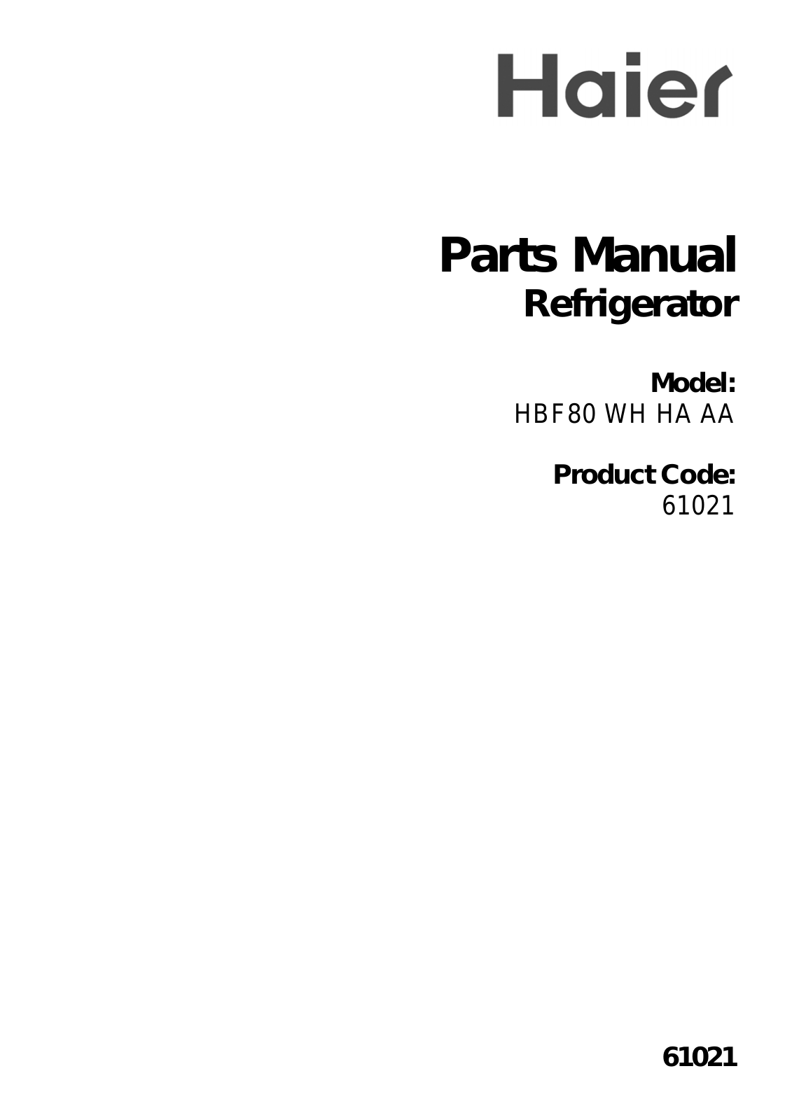 Haier HBF80 WH HA AA Parts Manual