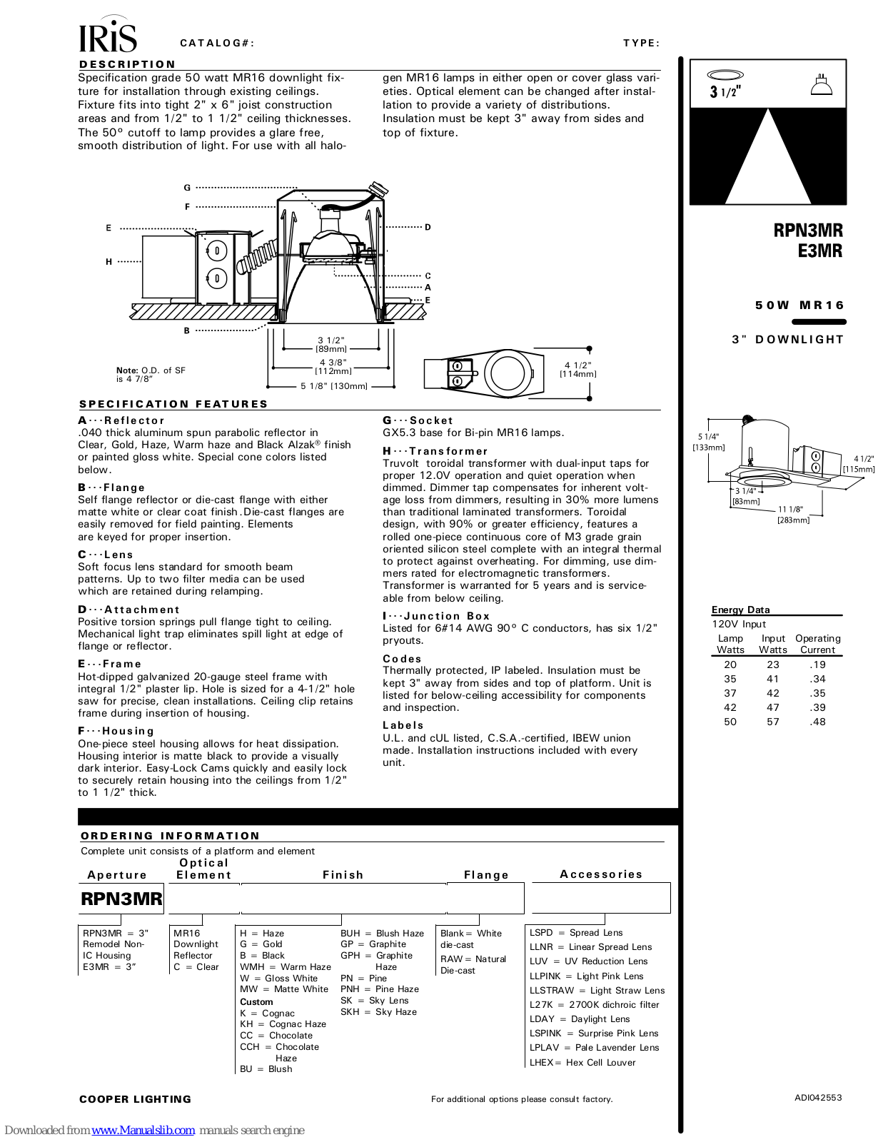 Cooper Lighting IRIS RPN3MR, IRIS E3MR Specification Sheet - ManualMachine.com