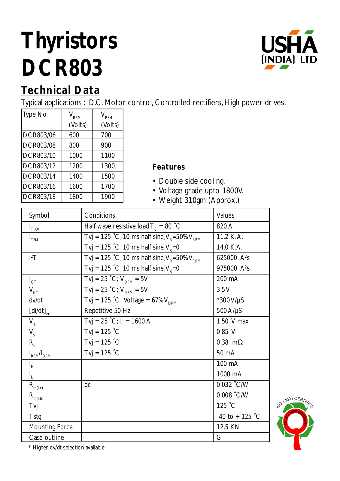 USHA DCR803-10, DCR803-08, DCR803-06, DCR803-18, DCR803-16 Datasheet