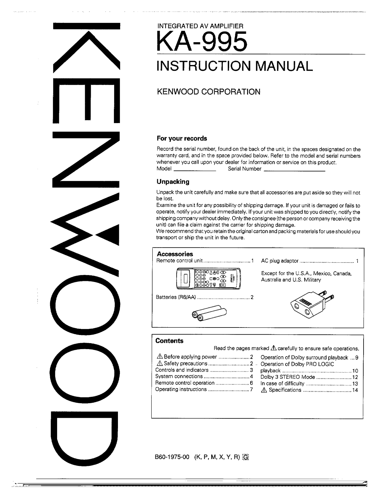 Kenwood KA-995 Owner's Manual