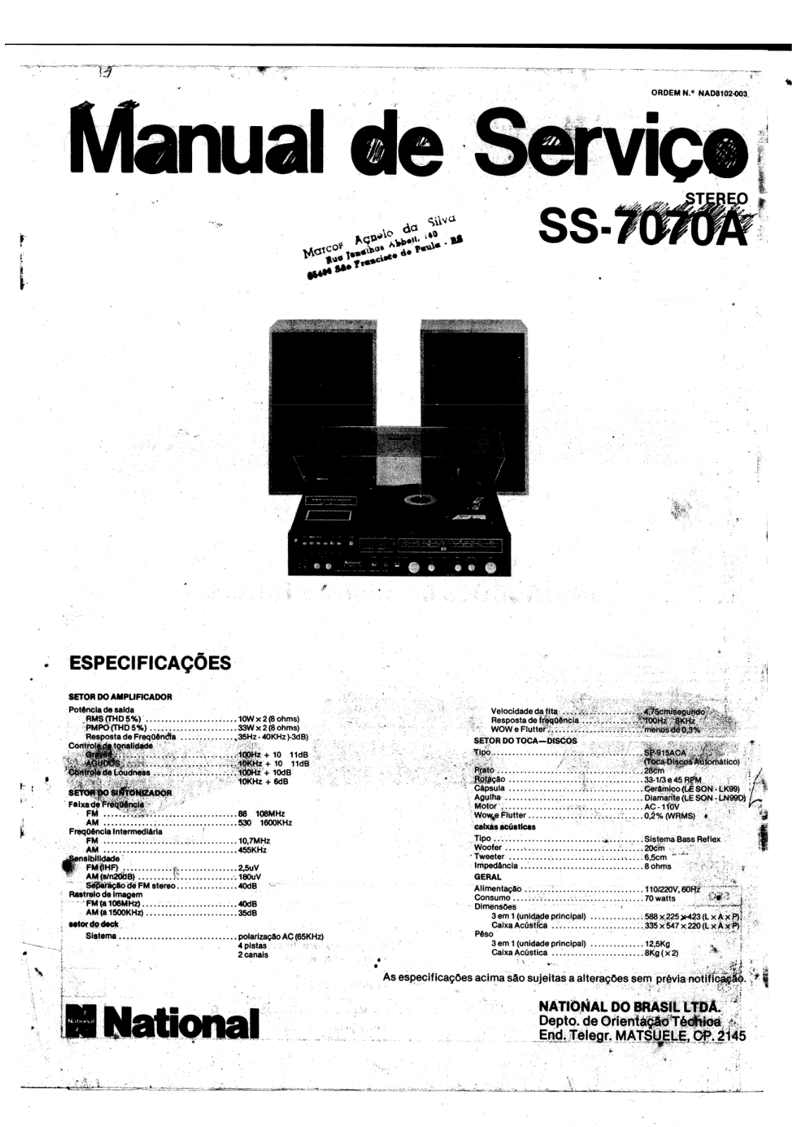 National SS-7070A, SS-7000A Schematic