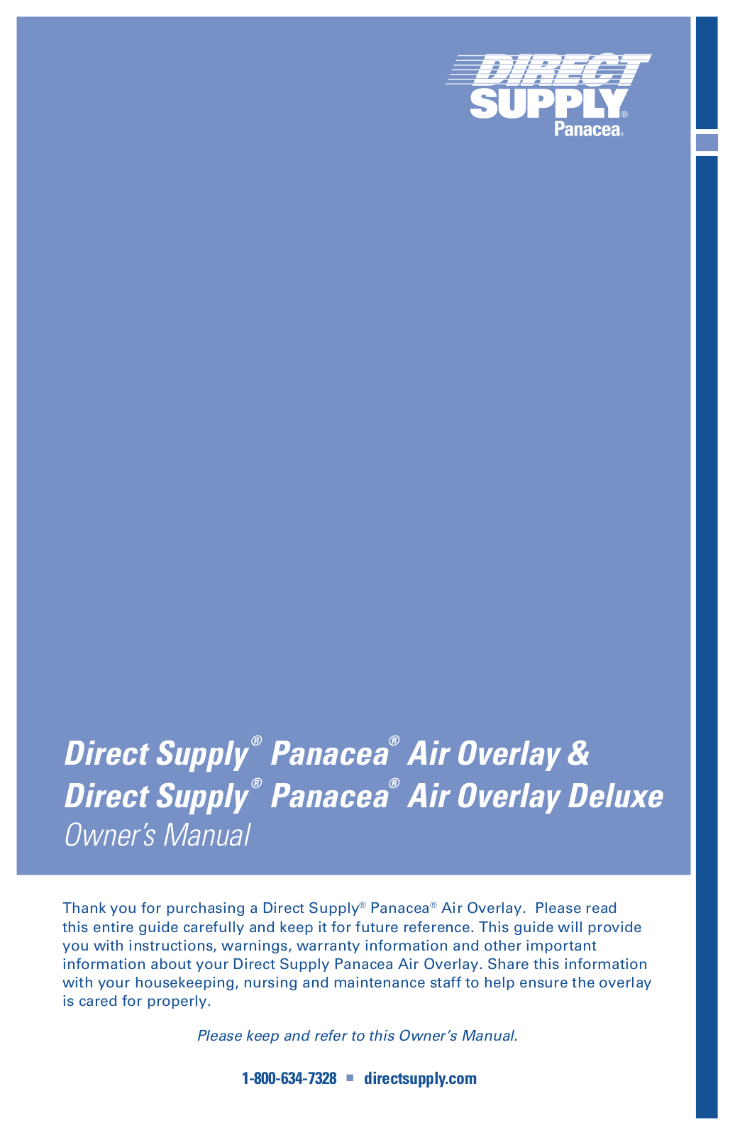 Direct Supply Panacea Air Overlay, Panacea Air Overlay Deluxe Owner's Manual