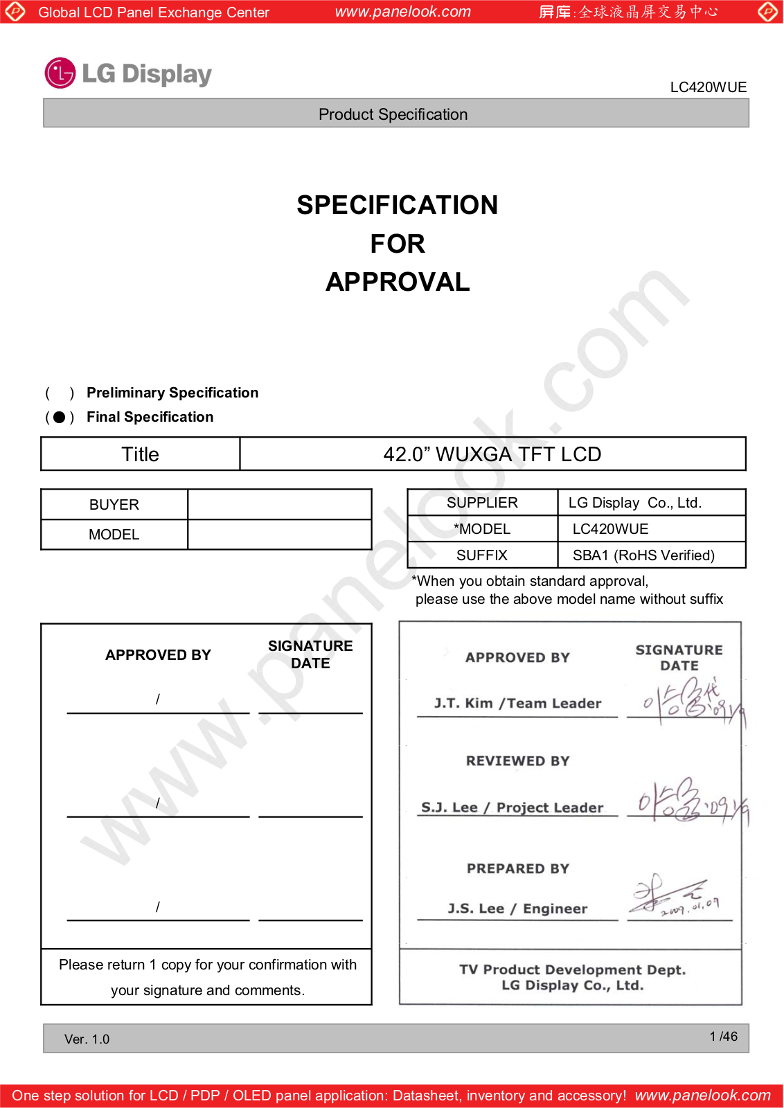 LG Display LC420WUE-SBA1 Specification