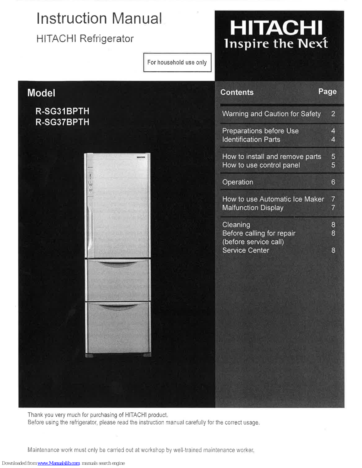 Hitachi R-SG31BPTH, R-SG37BPTH Instruction Manual