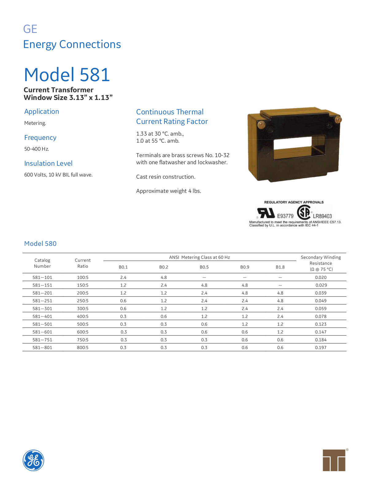 Instrument Transformer, Div of GE 581 Data Sheet