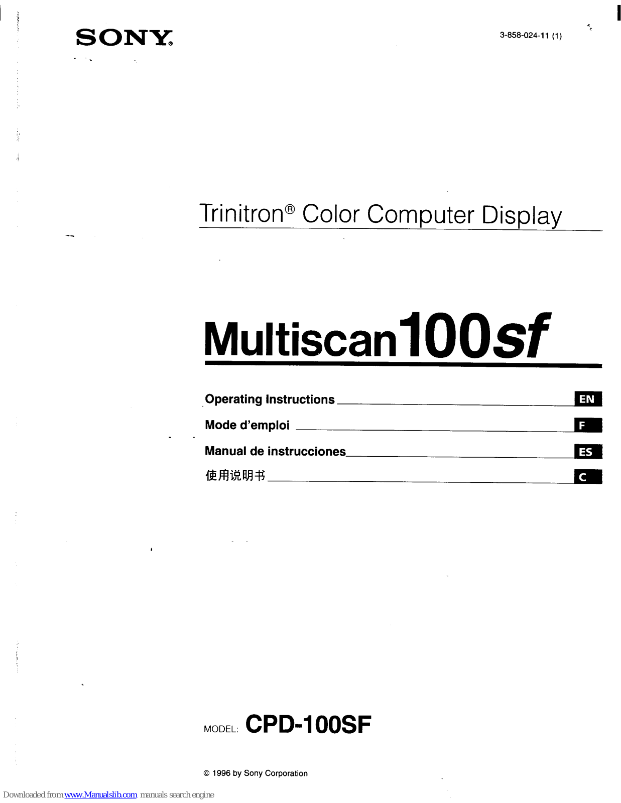 Sony CPD-100SF Operating Instructions (primary manual), Multiscan 100SF CPD-100SF Operating Instructions Manual