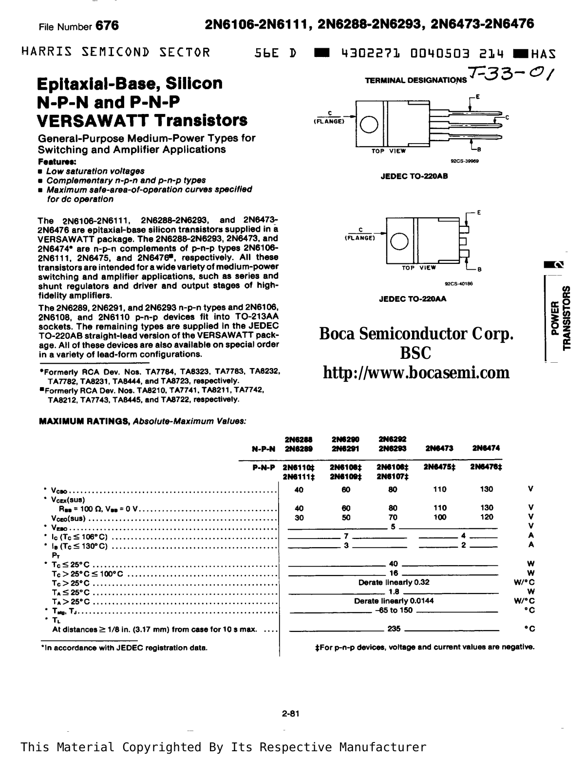 BOCA 2N6476, 2N6475, 2N6474, 2N6473, 2N6290 Datasheet