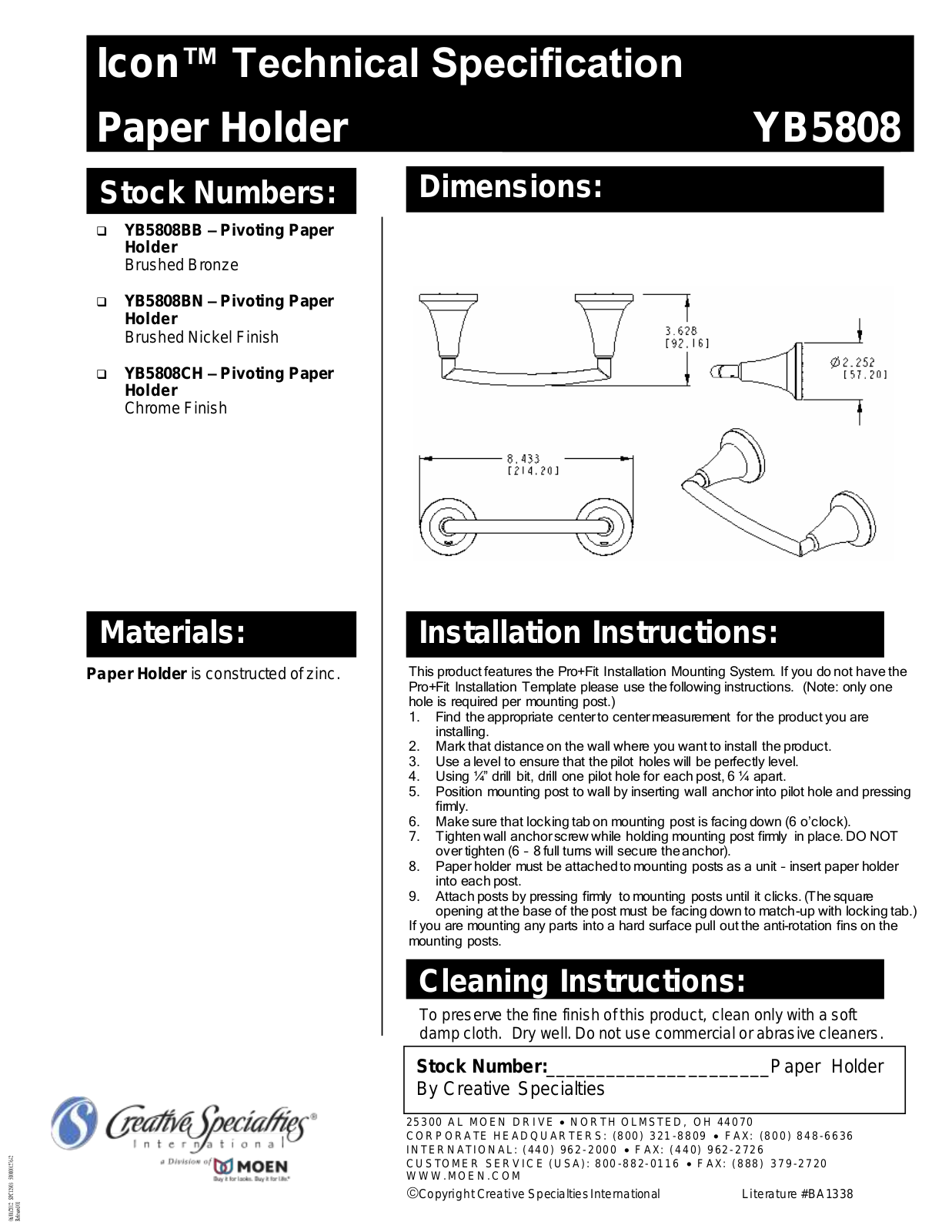 Moen YB5808CH Installation manual