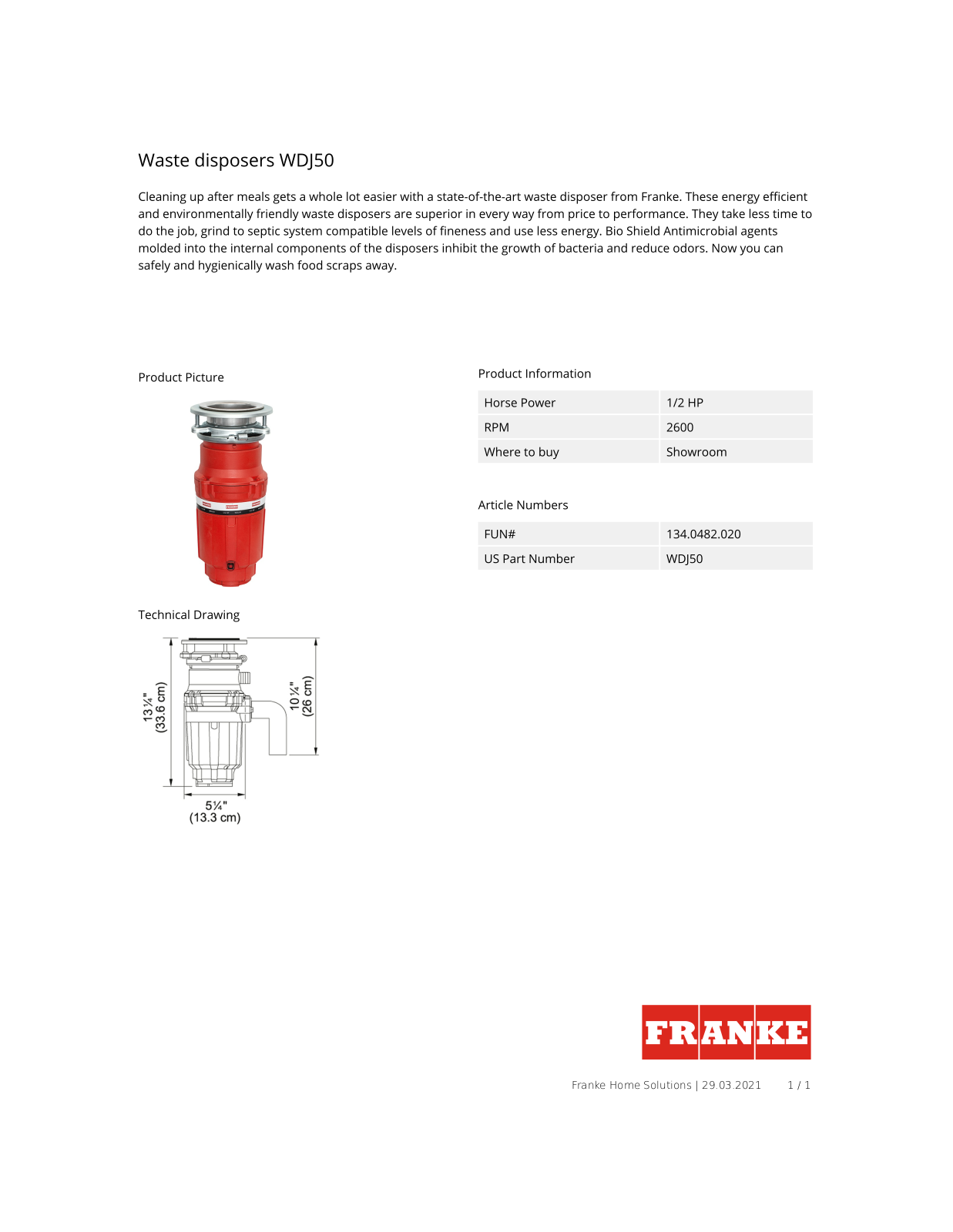 Franke WDJ50 Specification Sheet