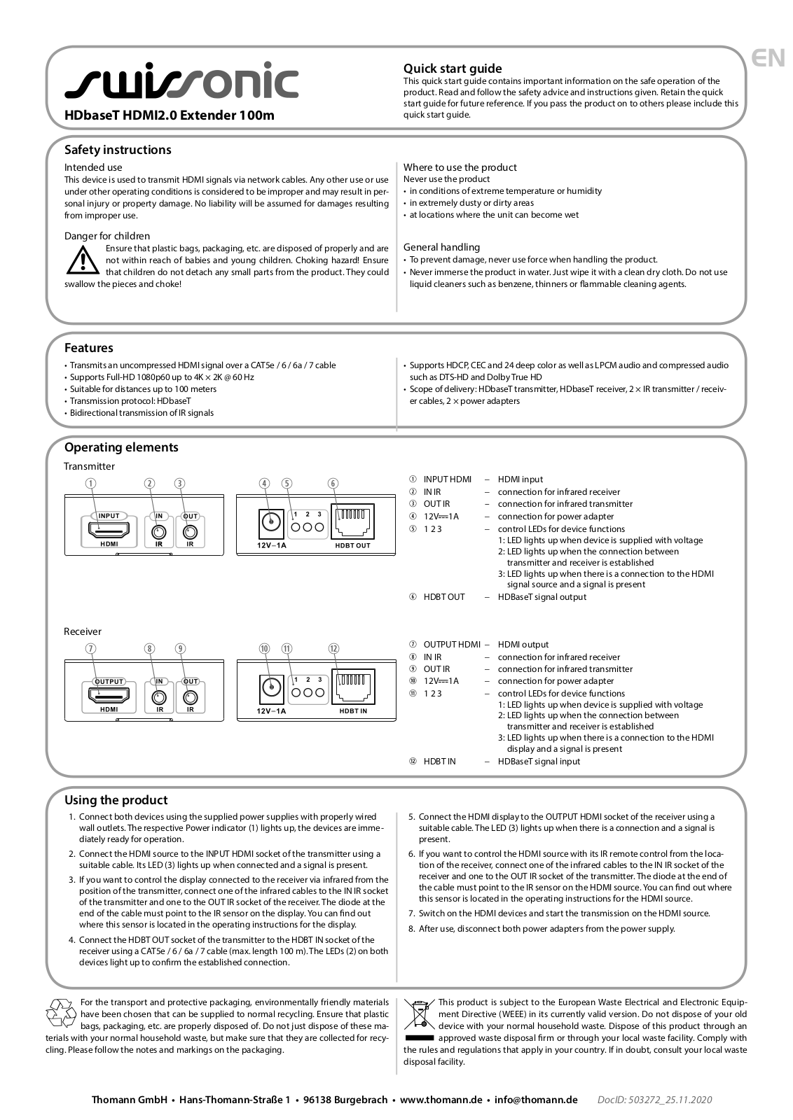 Thomann HDbaseT HDMI2.0 Extender 100m Quick start guide