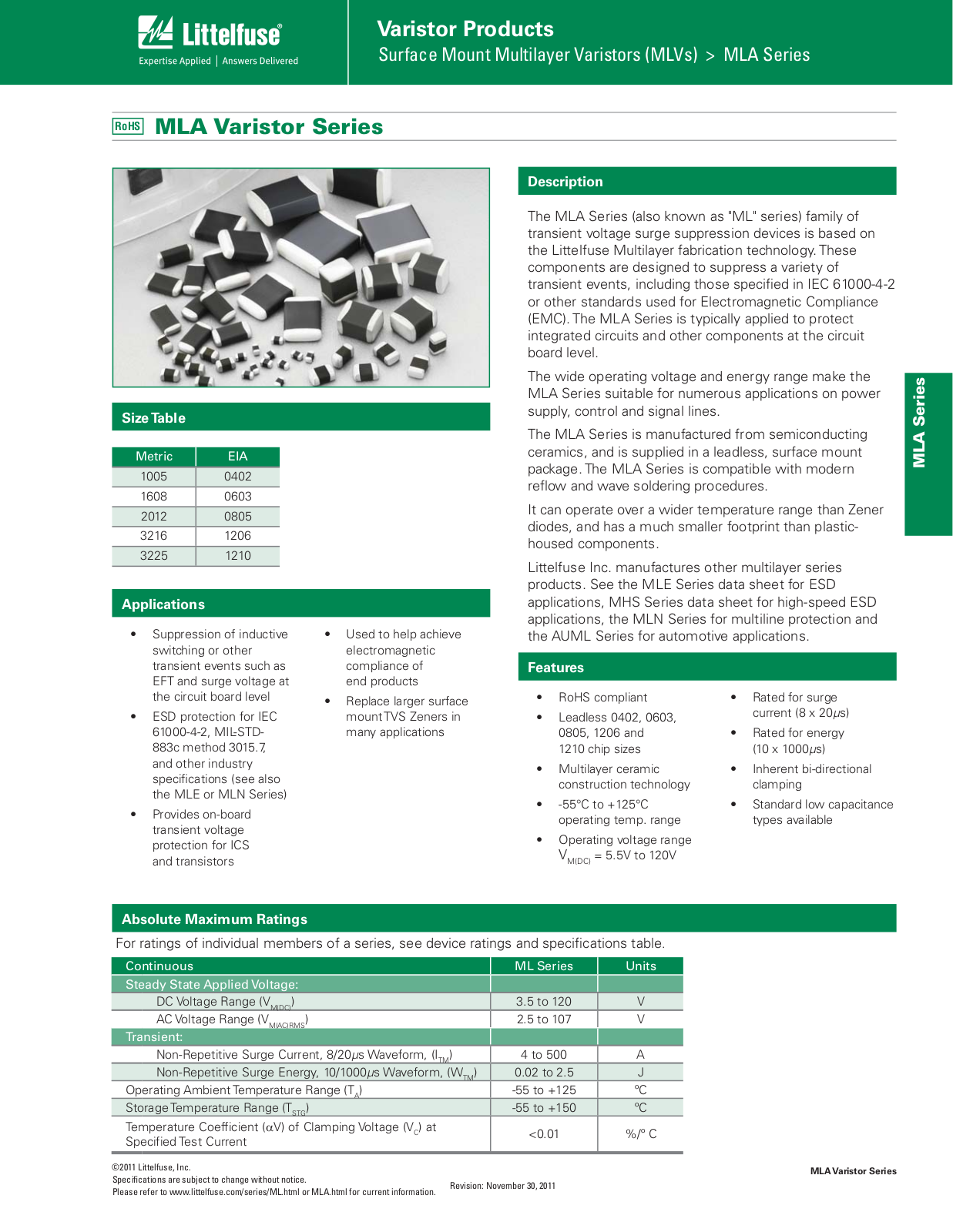 Littelfuse MLA Series Catalog Page