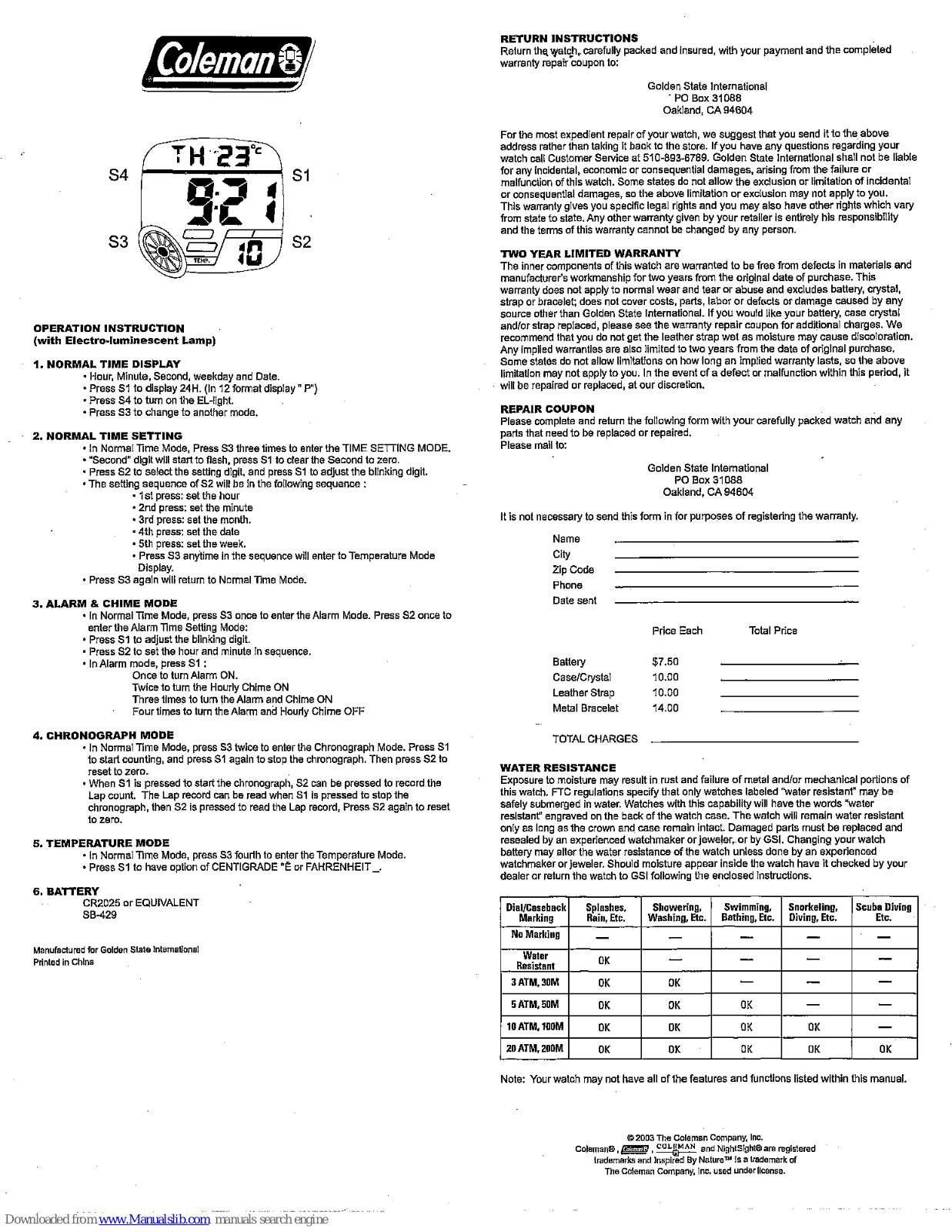 Coleman 40-374, 40-920 Operating Instructions Manual