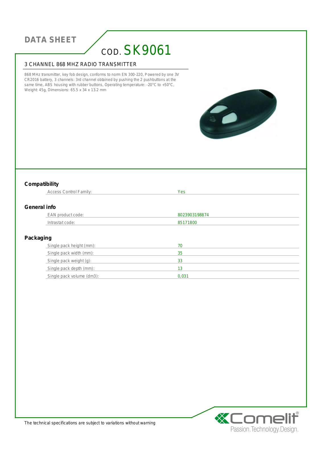 Comelit SK9061 Specsheet