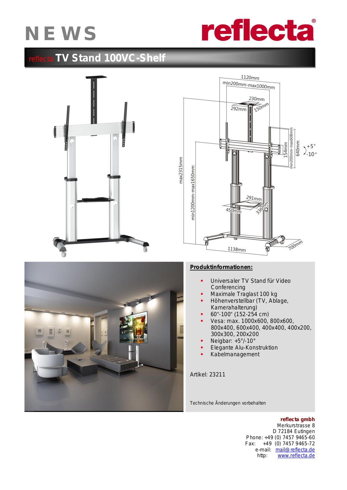 Reflecta TV Stand 100VC-Shelf User Manual