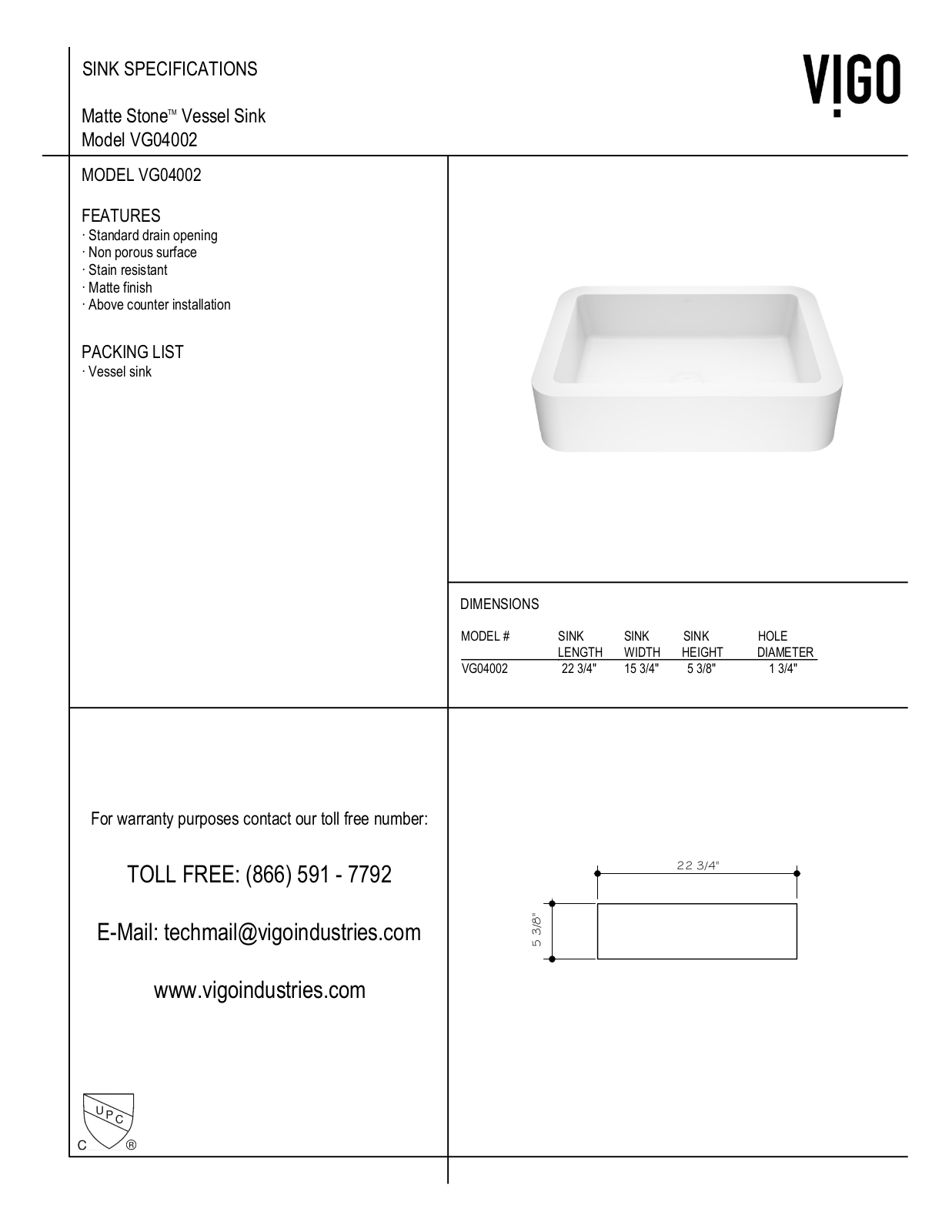 Vigo VG04002, VGT1084ARB, VGT1084MW Specifications