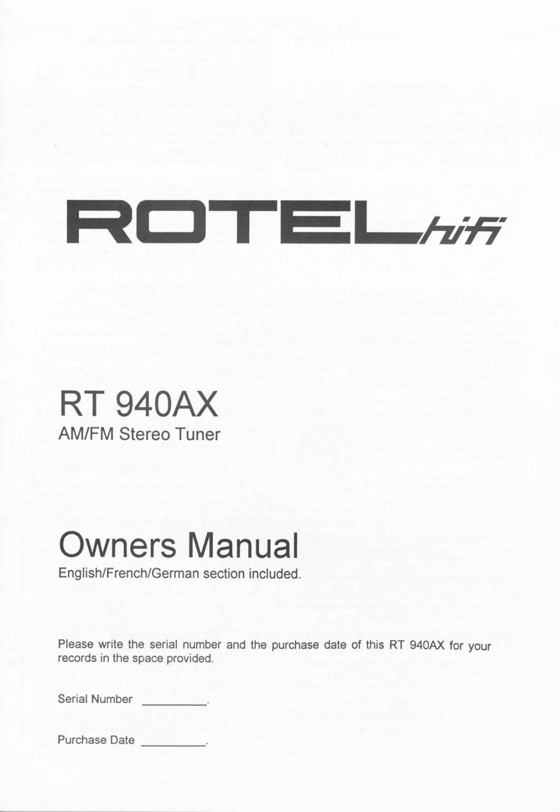 Rotel RT-940-AX Owners manual