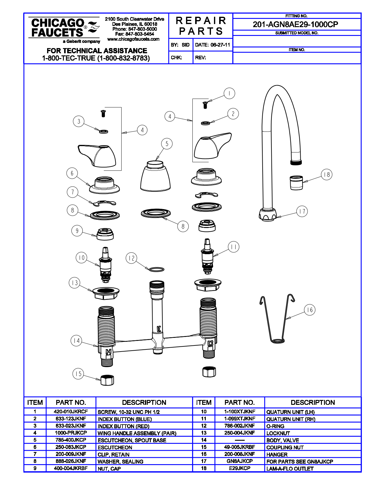 Chicago Faucet 201-AGN8AE29-1000 Parts List