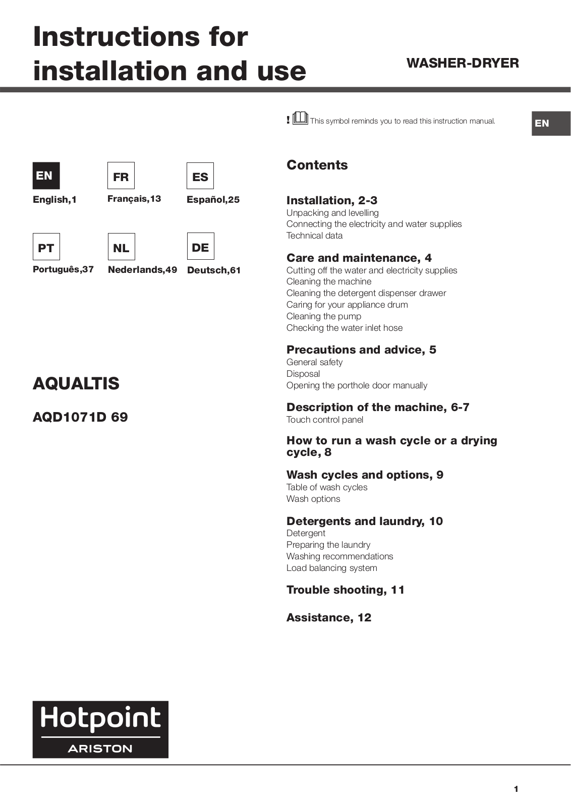 Hotpoint Ariston AQD1071D 69 operation manual