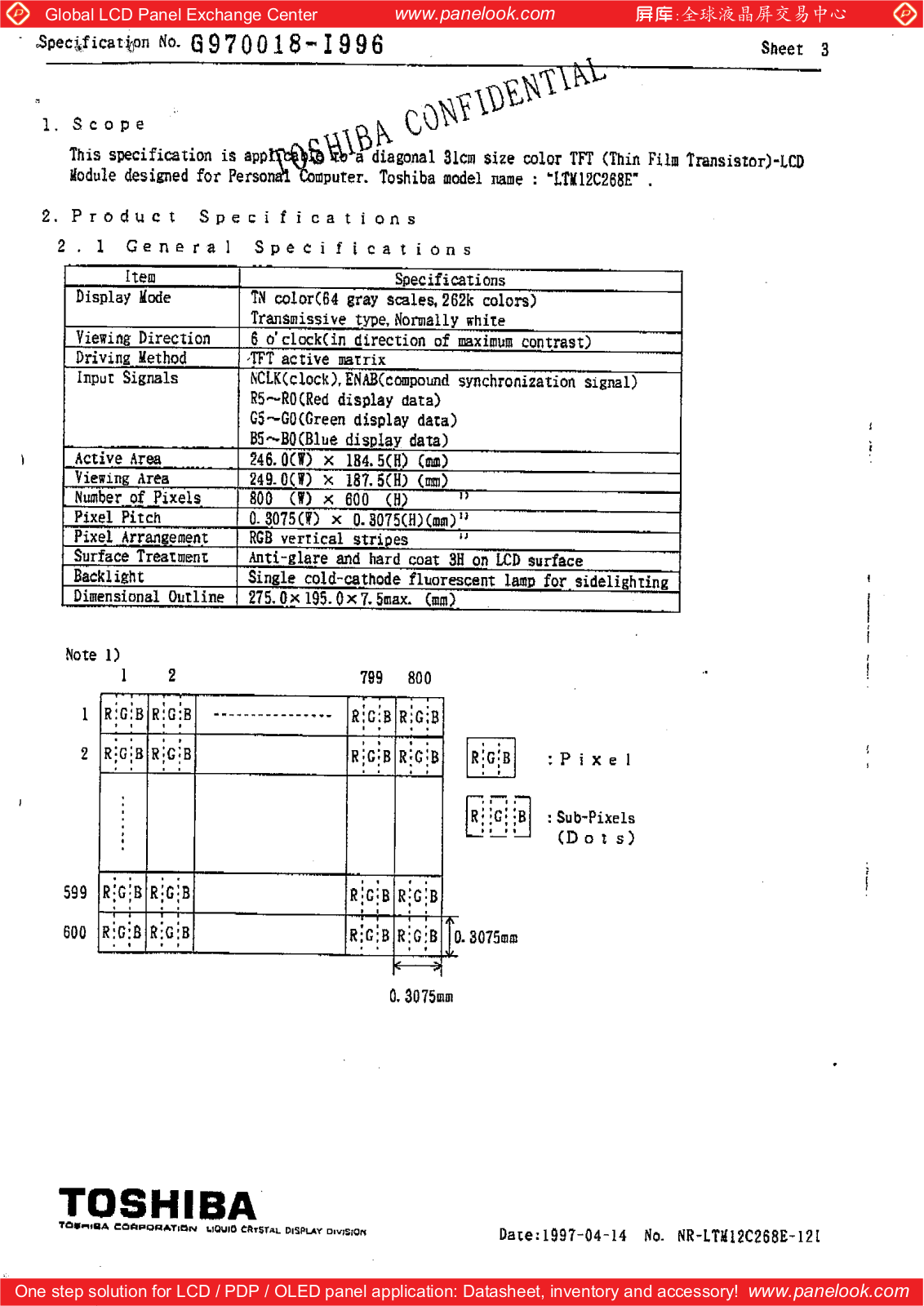 TOSHIBA LTM12C268E Specification