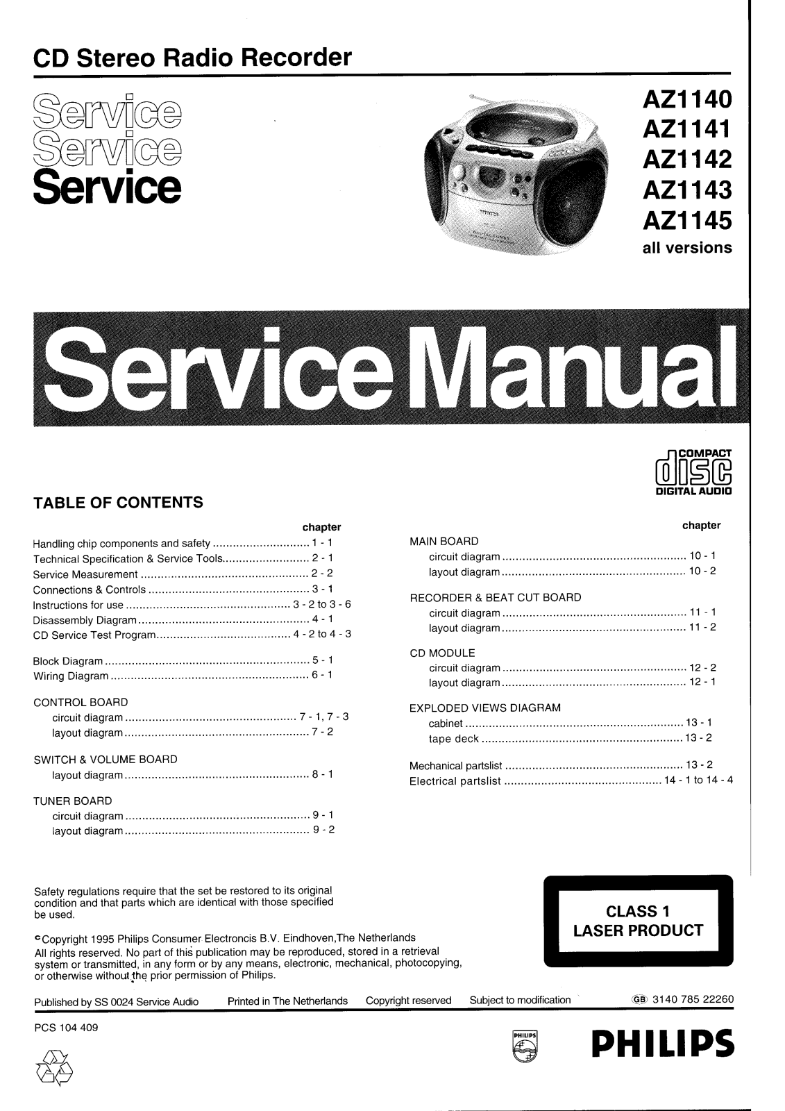 Philips AZ1140, AZ1141, AZ1142, AZ1143, AZ1145 Service Manual