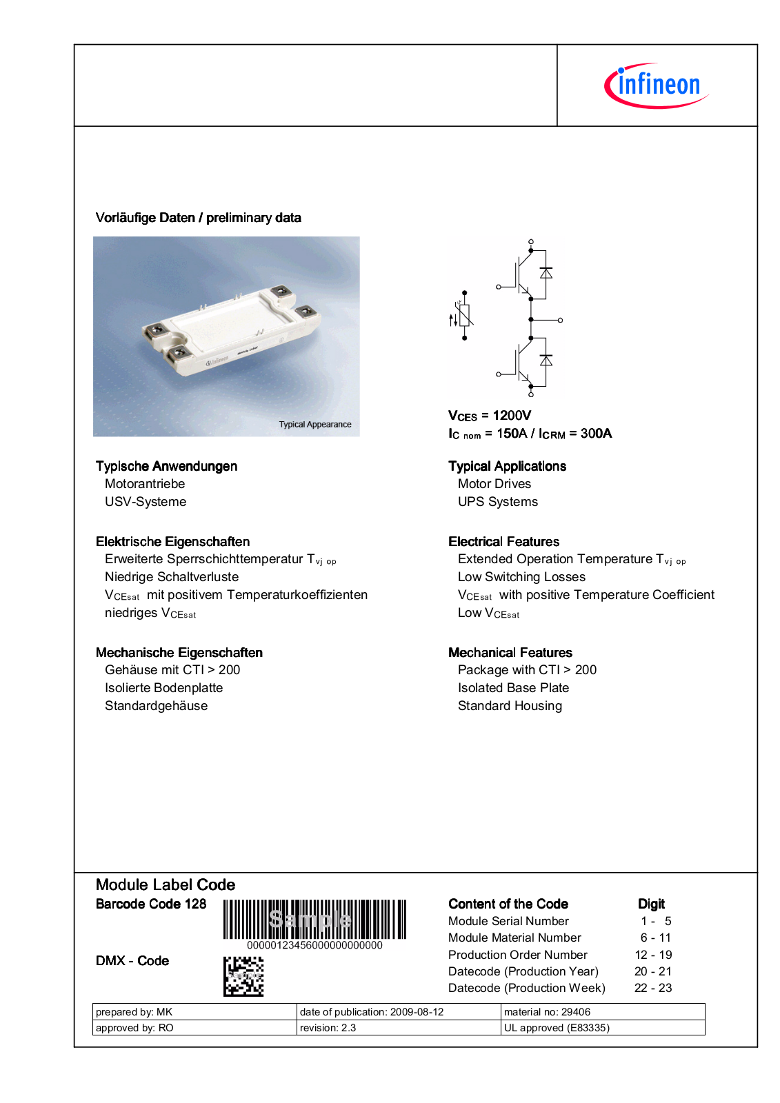 Infineon FF150R12MT4 Data Sheet