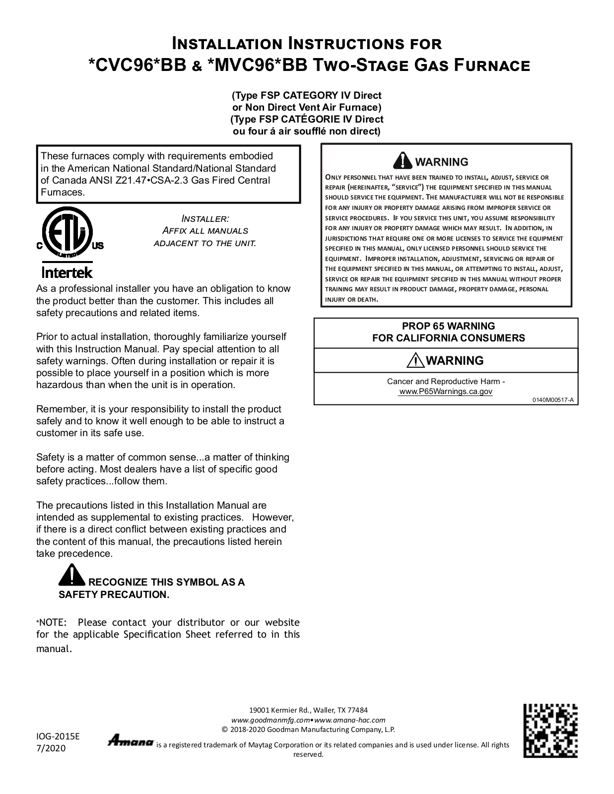 Goodman CVC96BB, MVC96BB Installation Manual