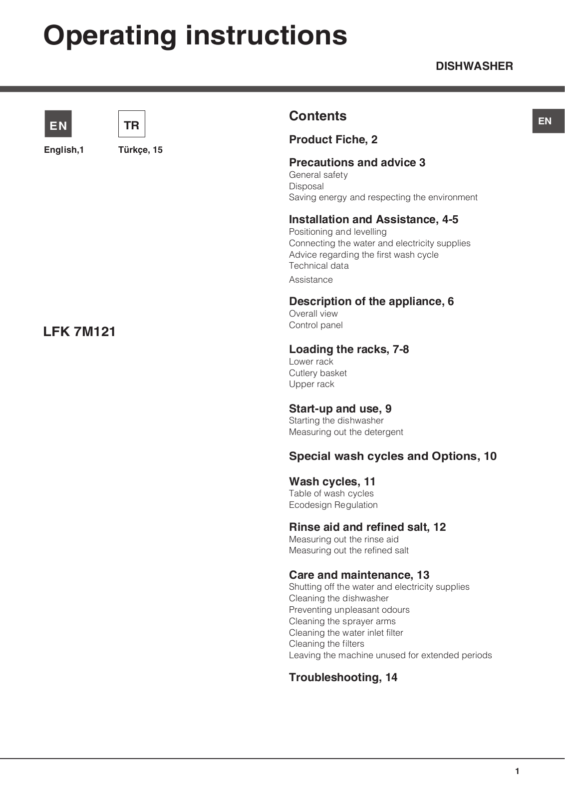 HOTPOINT/ARISTON LFK 7M121 OC EU User Manual