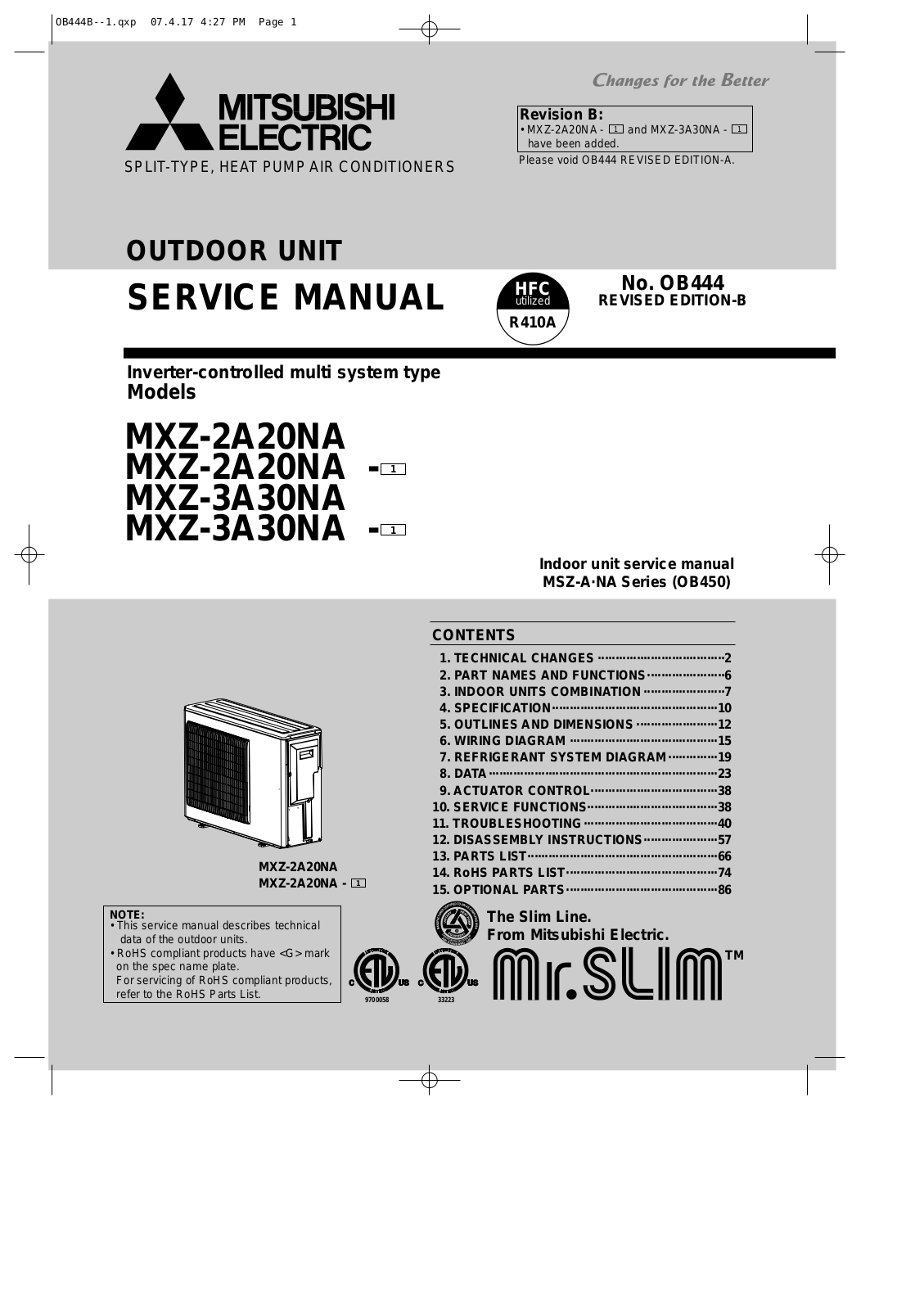 Mitsubishi Electronics MXZ-2A20NA, MXZ-3A30NA User Manual