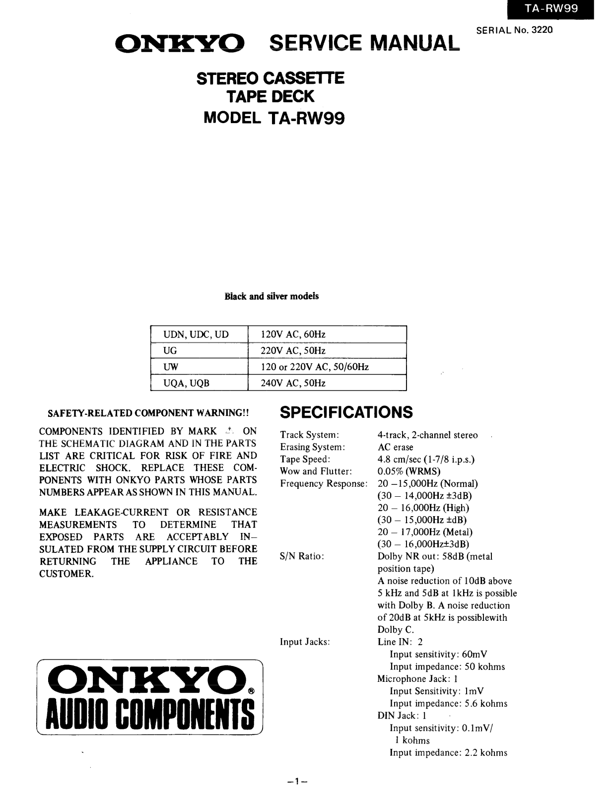 Onkyo TARW-99 Service manual