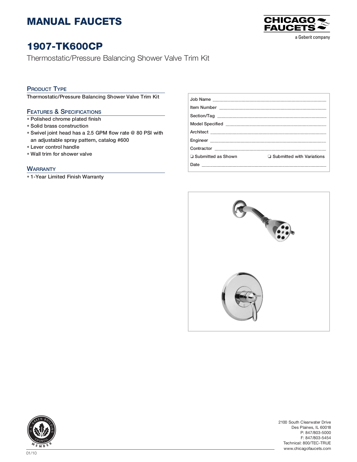 Chicago Faucet 1907-TK600 Specifications