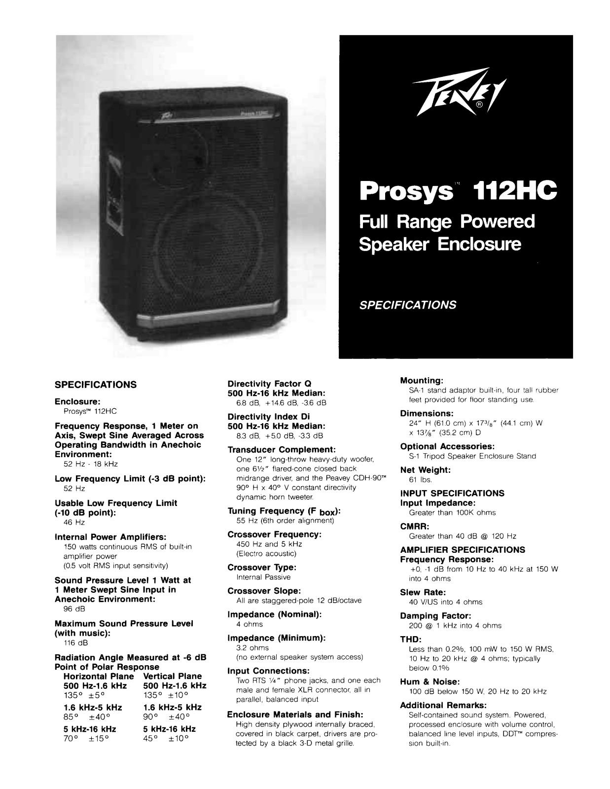 Peavey PROSYS 112HC DATASHEET