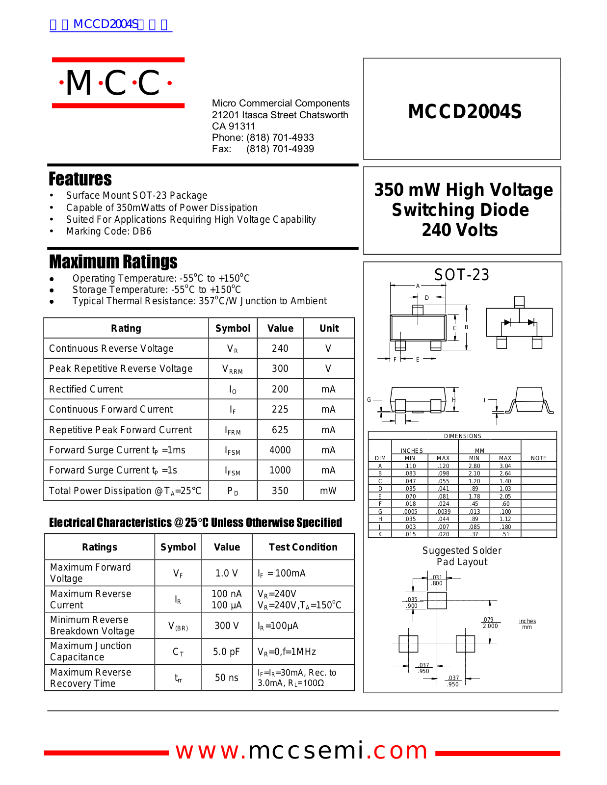 Micro Commercial Components MCCD2004S Technical data