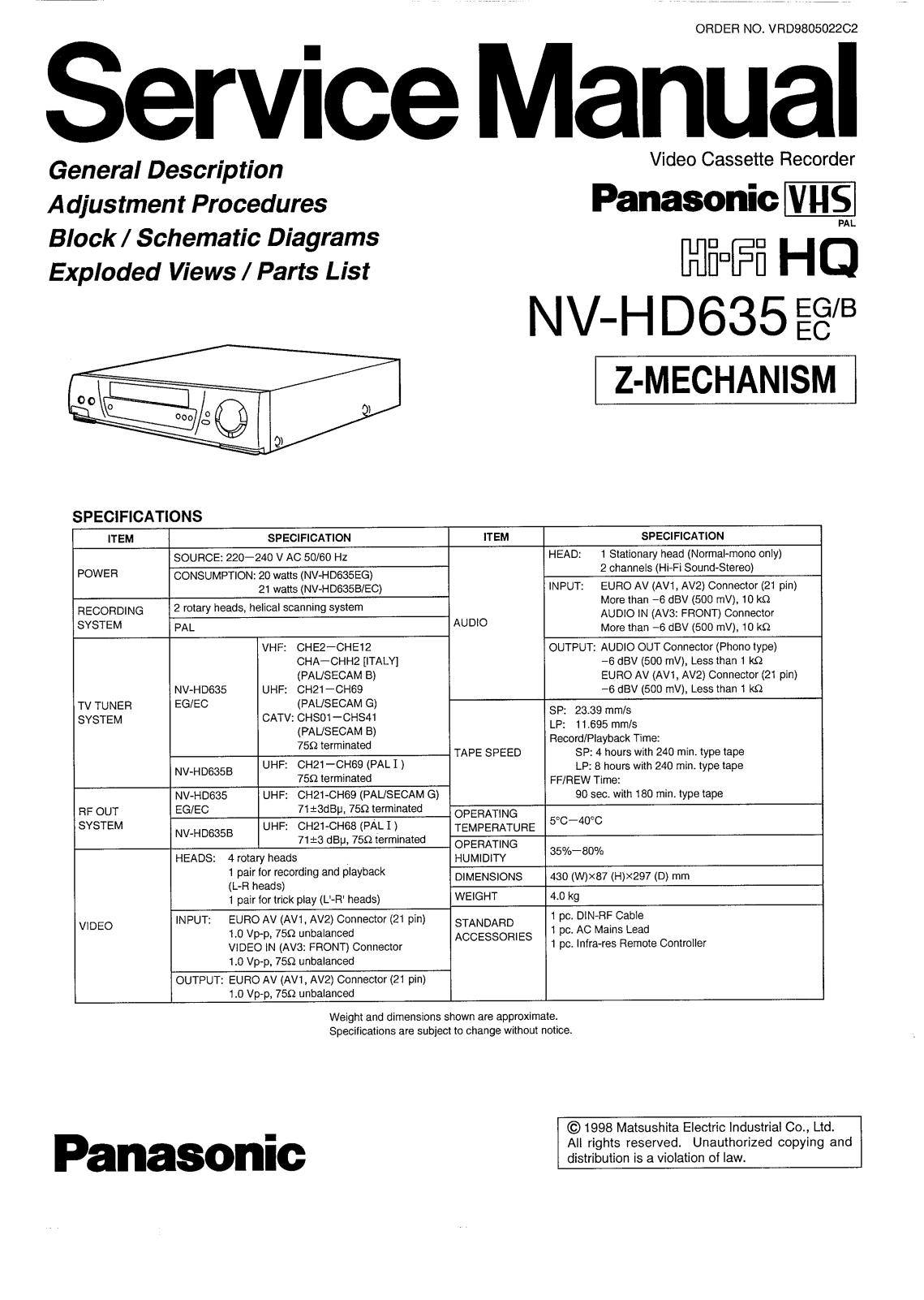 PANASONIC NV-HD635 Service Manual