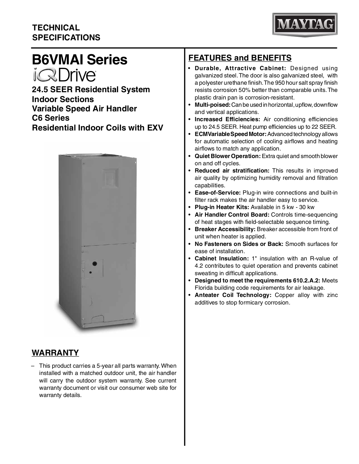 Maytag B6VMAI Technical Literature