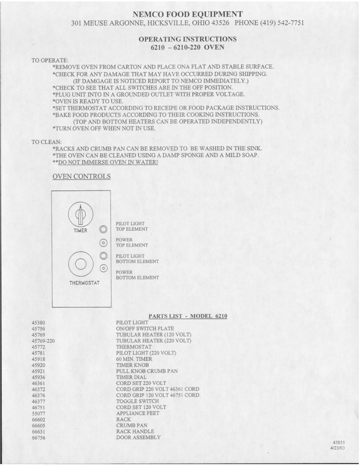 Nemco 6210-220 Parts List