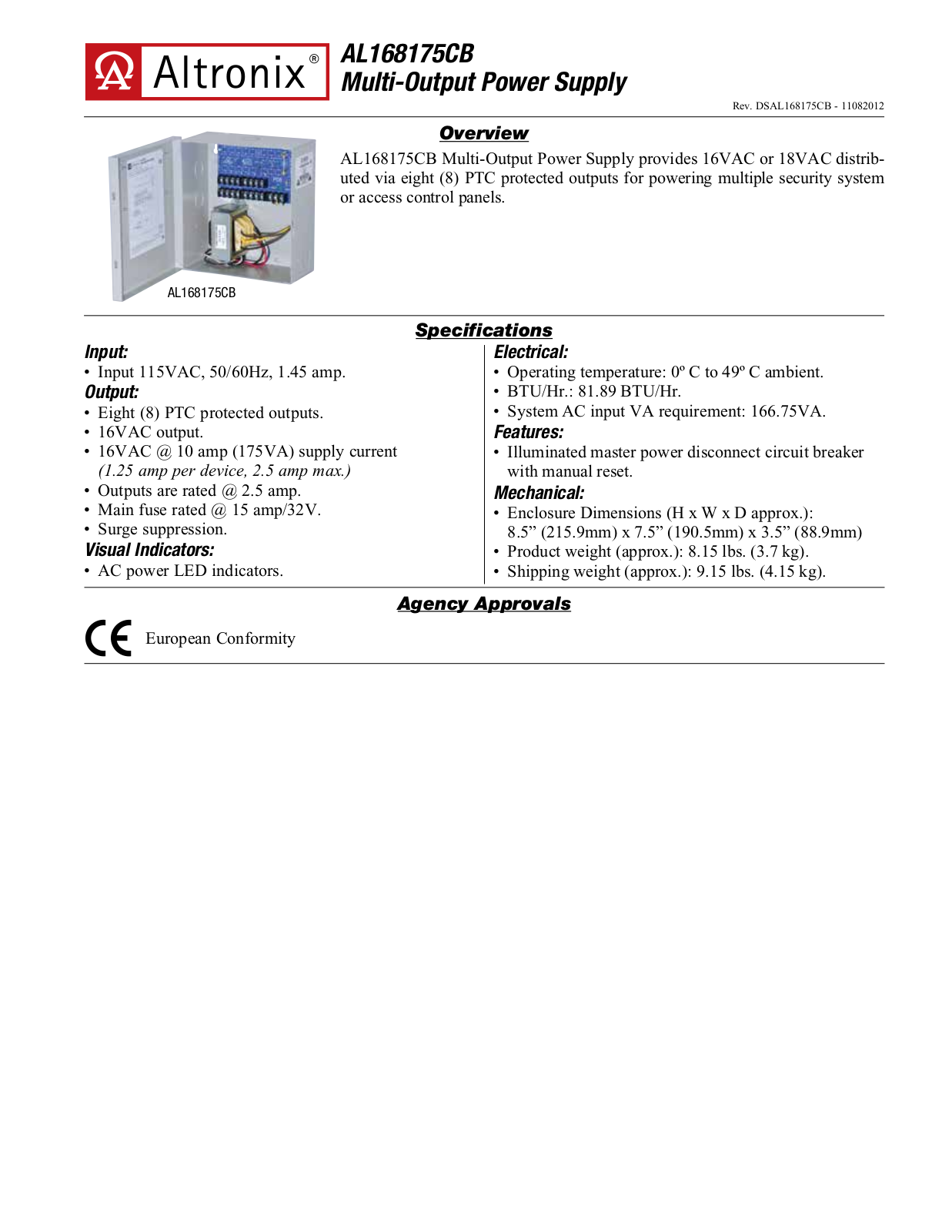 Altronix AL168175CB Specsheet