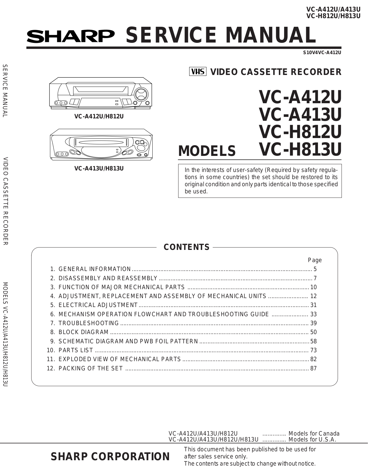 SHARP VCA412U, VC-A413U, VC-H812U, VC-H813U Service Manual