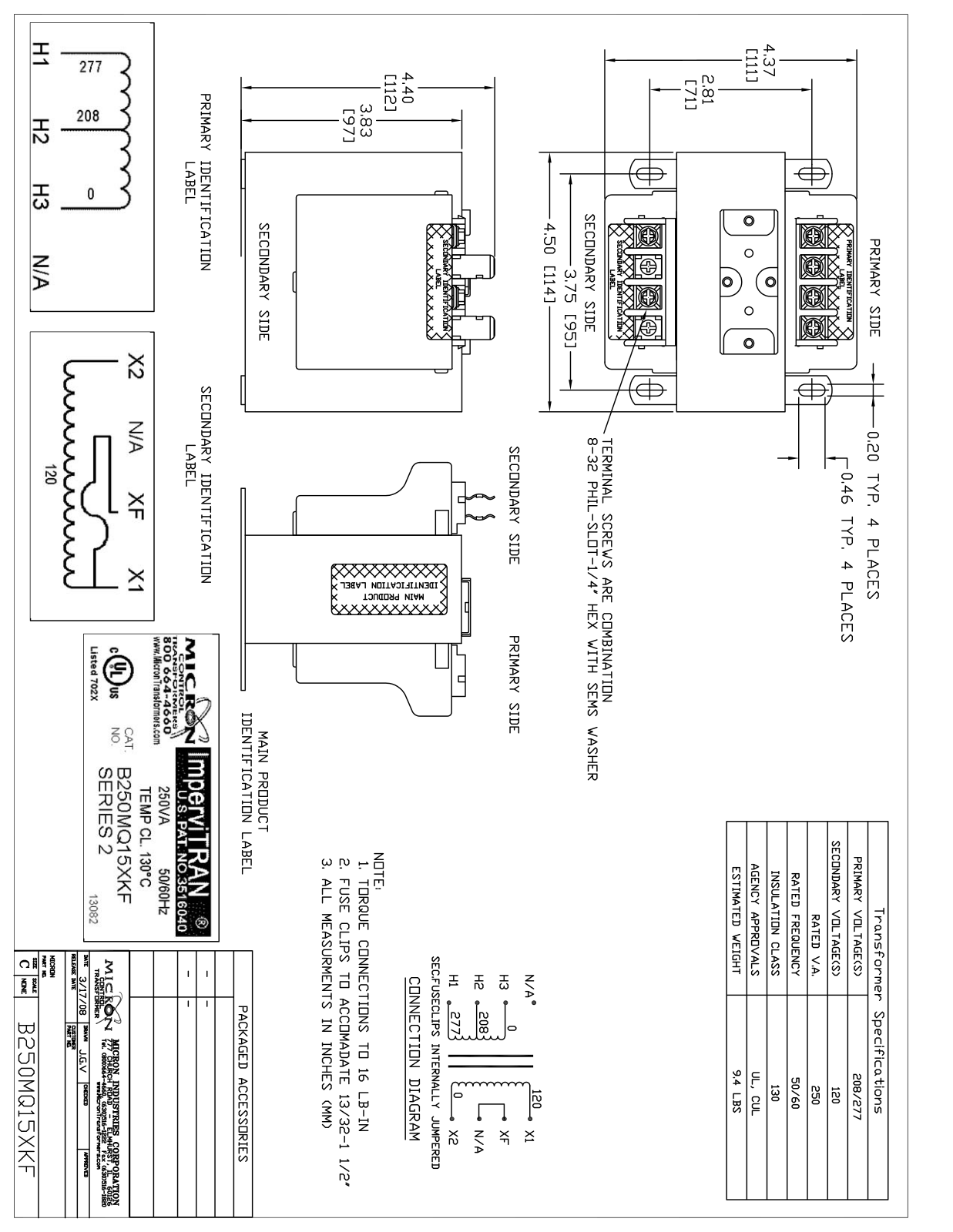 Micron Industries B250MQ15RKF Specification Sheet